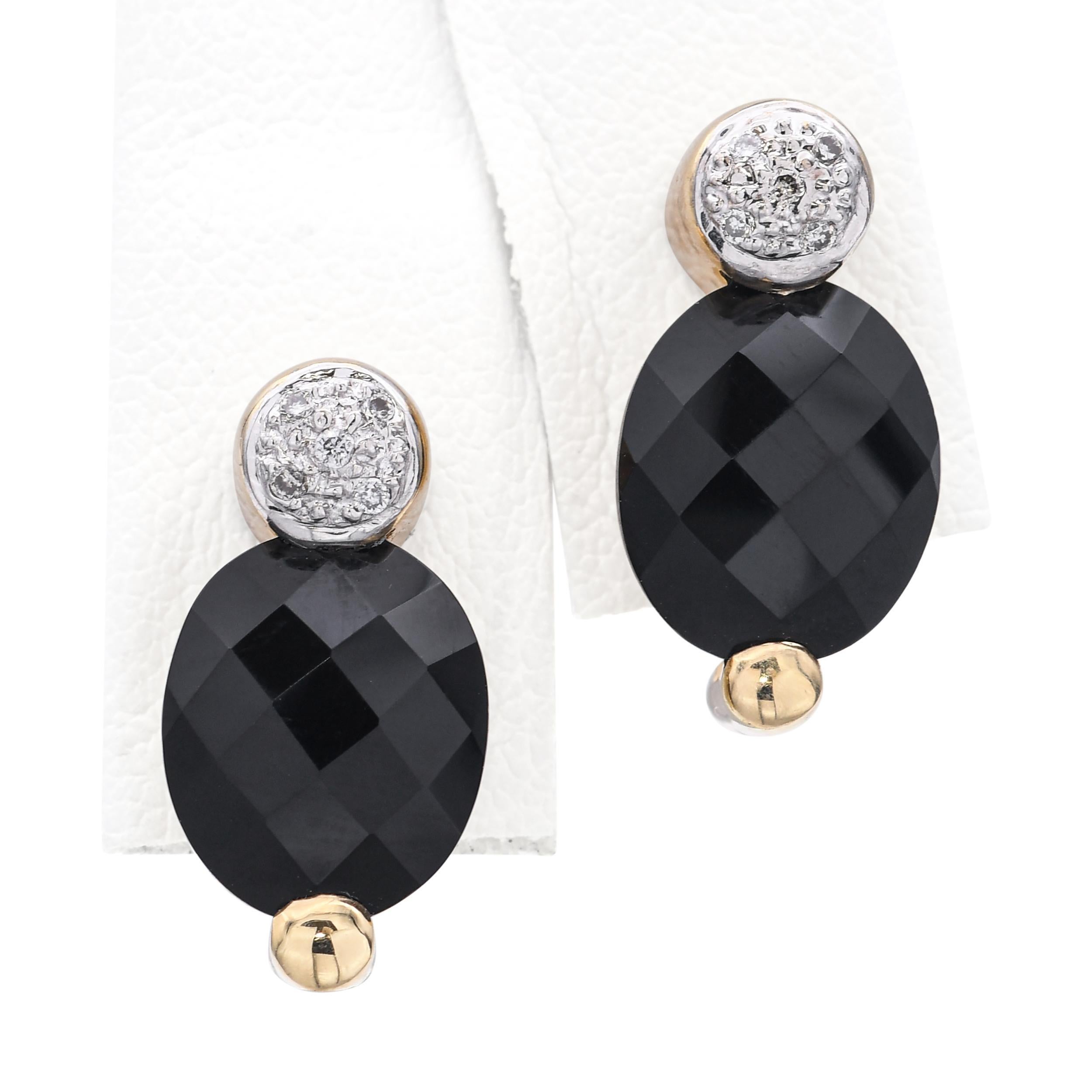 Donna 14k Yellow Gold Onyx and Diamond Earrings in vendita
