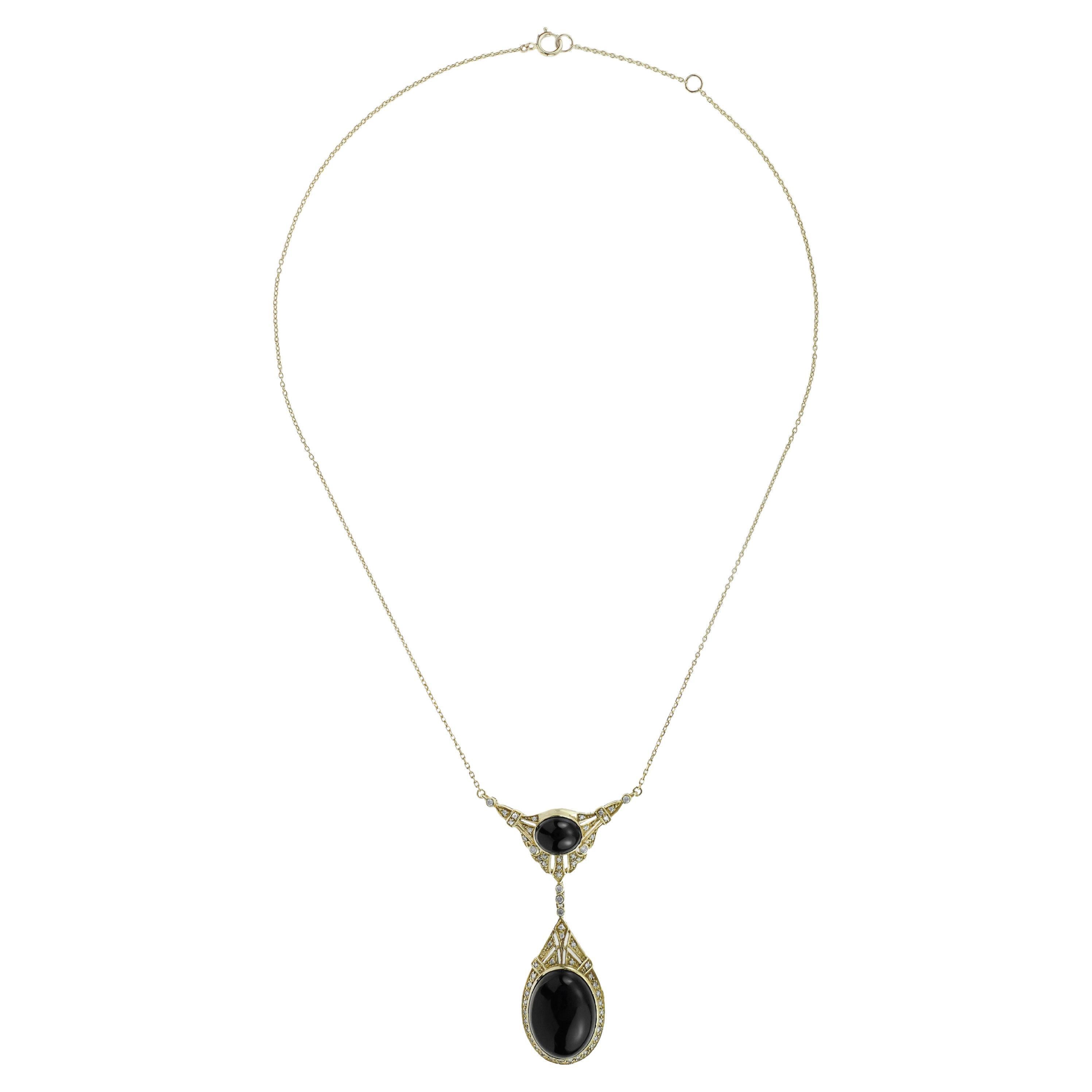 14K Yellow Gold Onyx and Diamond Vintage Style Necklace, 20.89 Carat