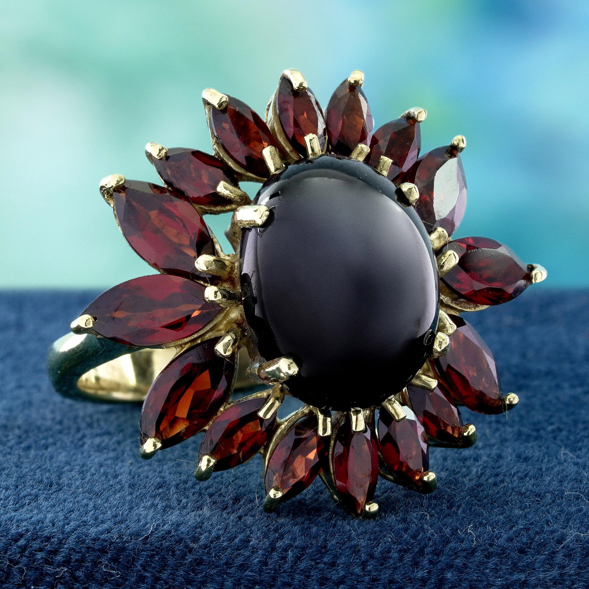 Edwardian 14K Yellow Gold Onyx and Garnet Vintage Style Floral Cluster Ring For Sale