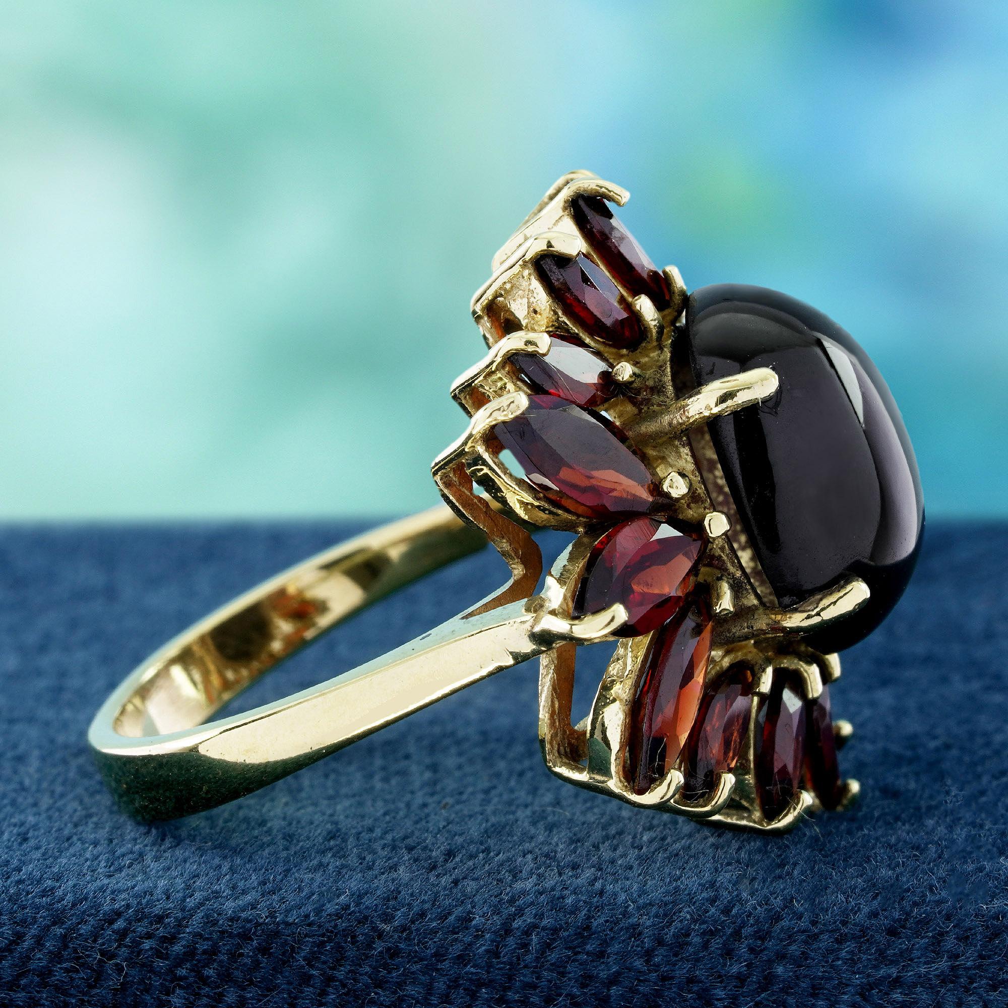 Cabochon 14K Yellow Gold Onyx and Garnet Vintage Style Floral Cluster Ring For Sale