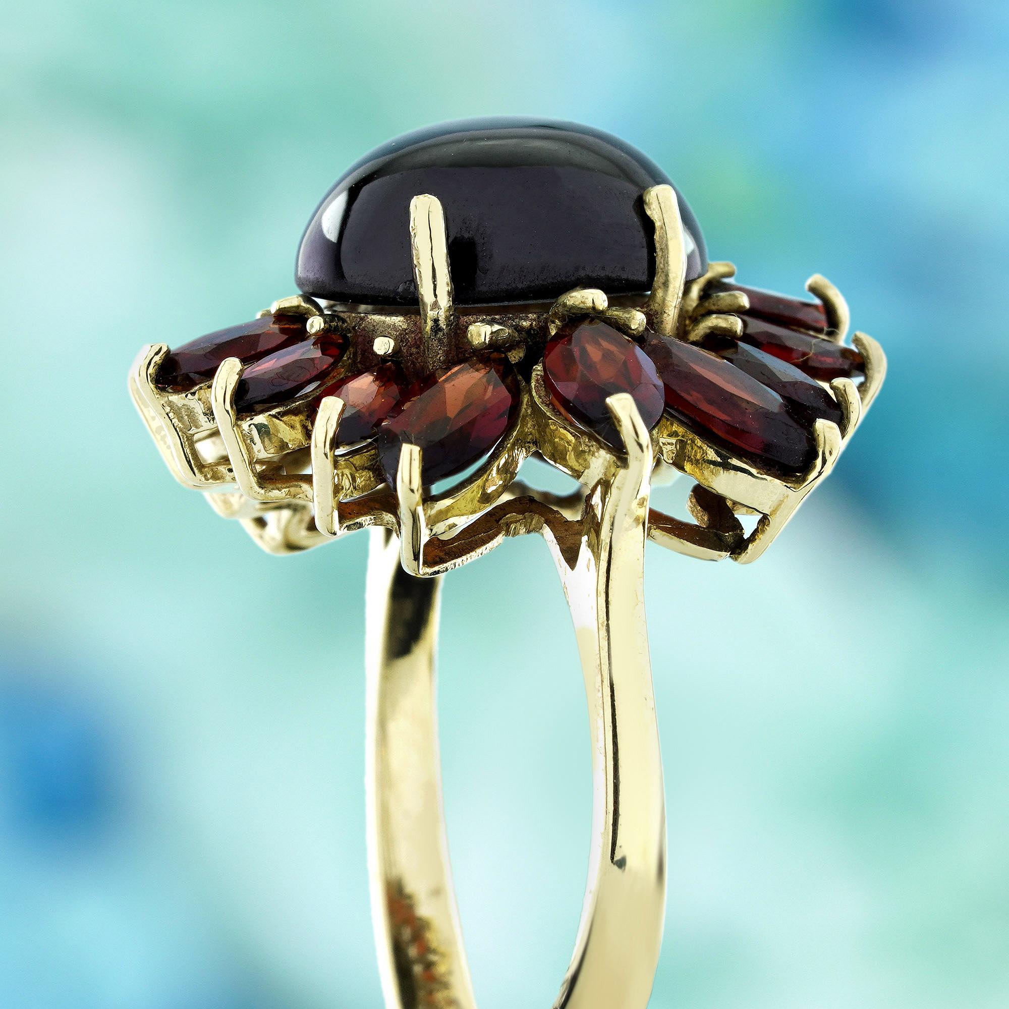 Women's 14K Yellow Gold Onyx and Garnet Vintage Style Floral Cluster Ring For Sale