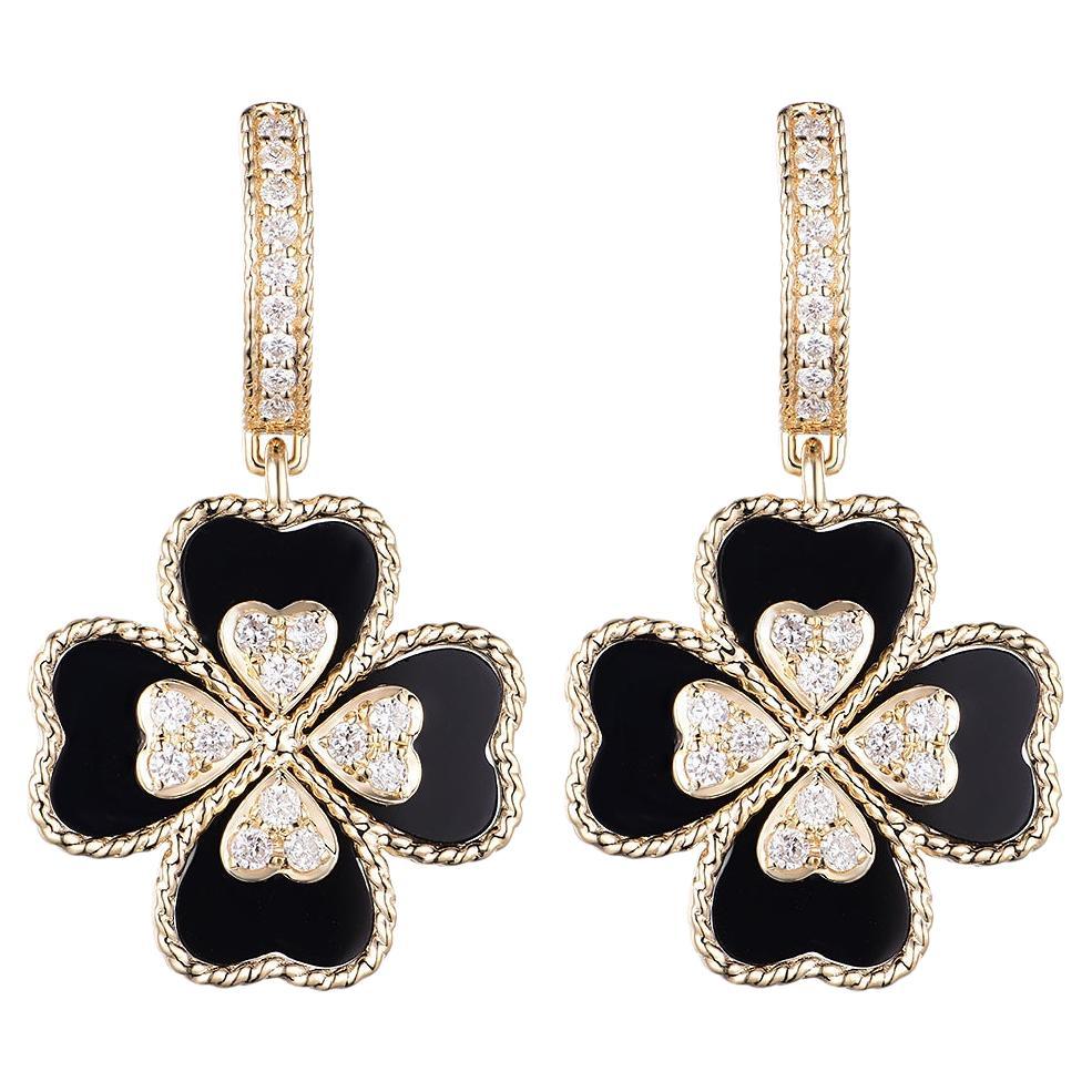 14K Yellow Gold Onyx Drop Clover Earring For Sale