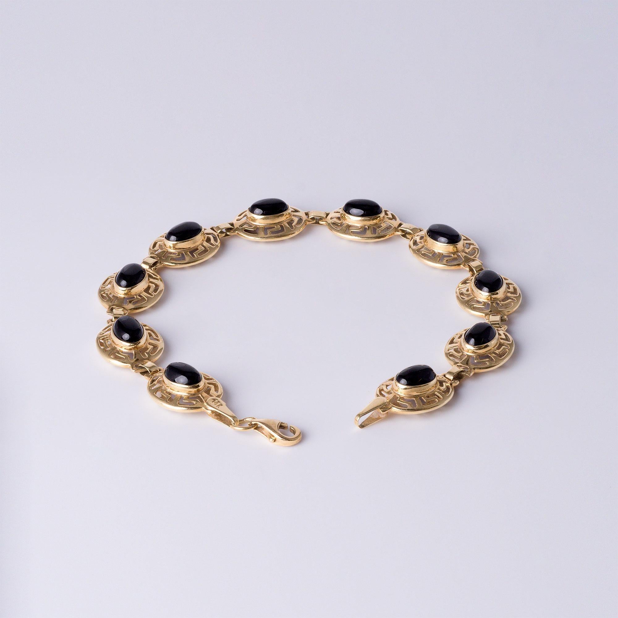14K Gelbgold Onyx Griechisches Muster Lünette Set Kette A Link Bracelet (Zeitgenössisch) im Angebot