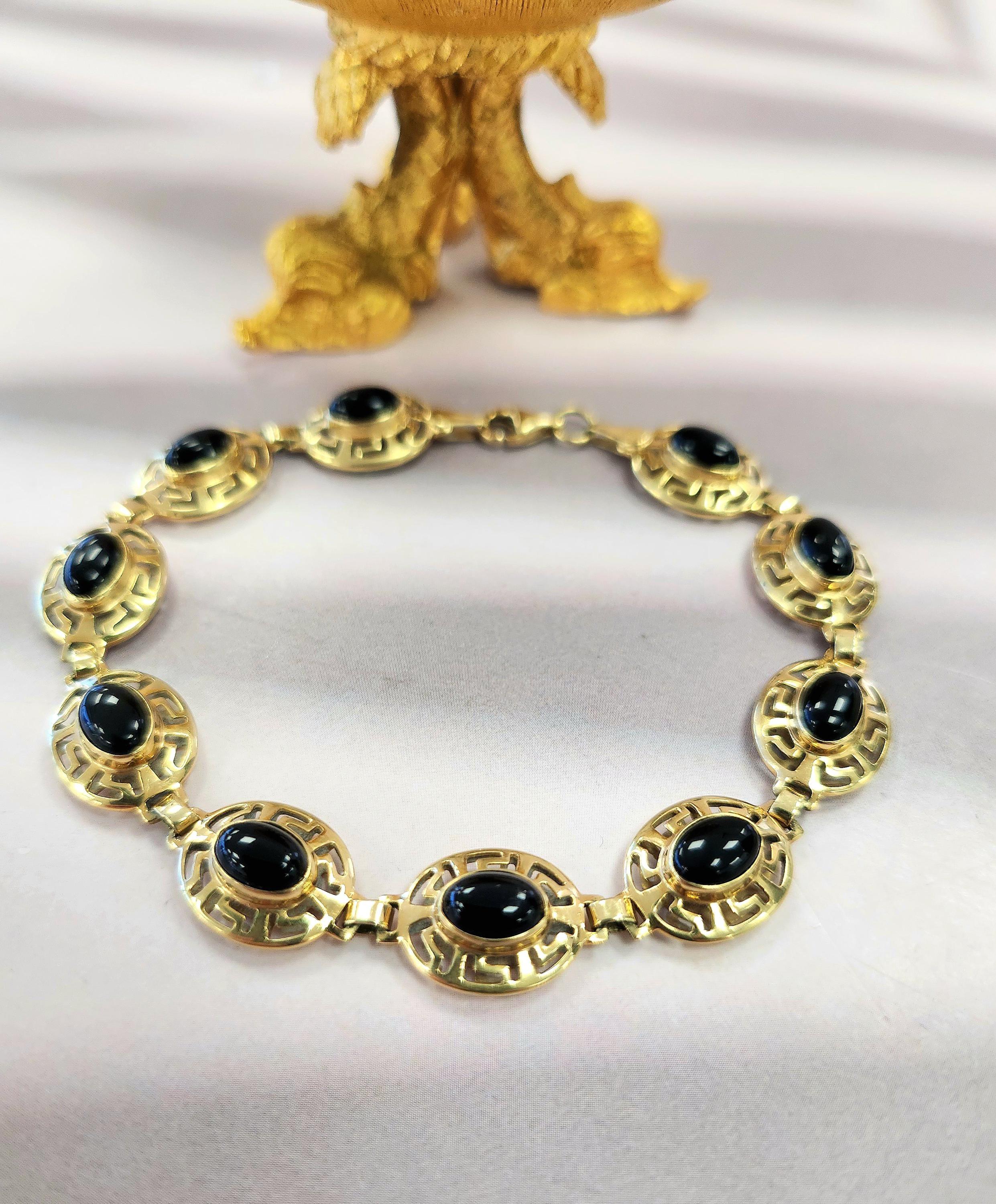 14K Gelbgold Onyx Griechisches Muster Lünette Set Kette A Link Bracelet (Cabochon) im Angebot