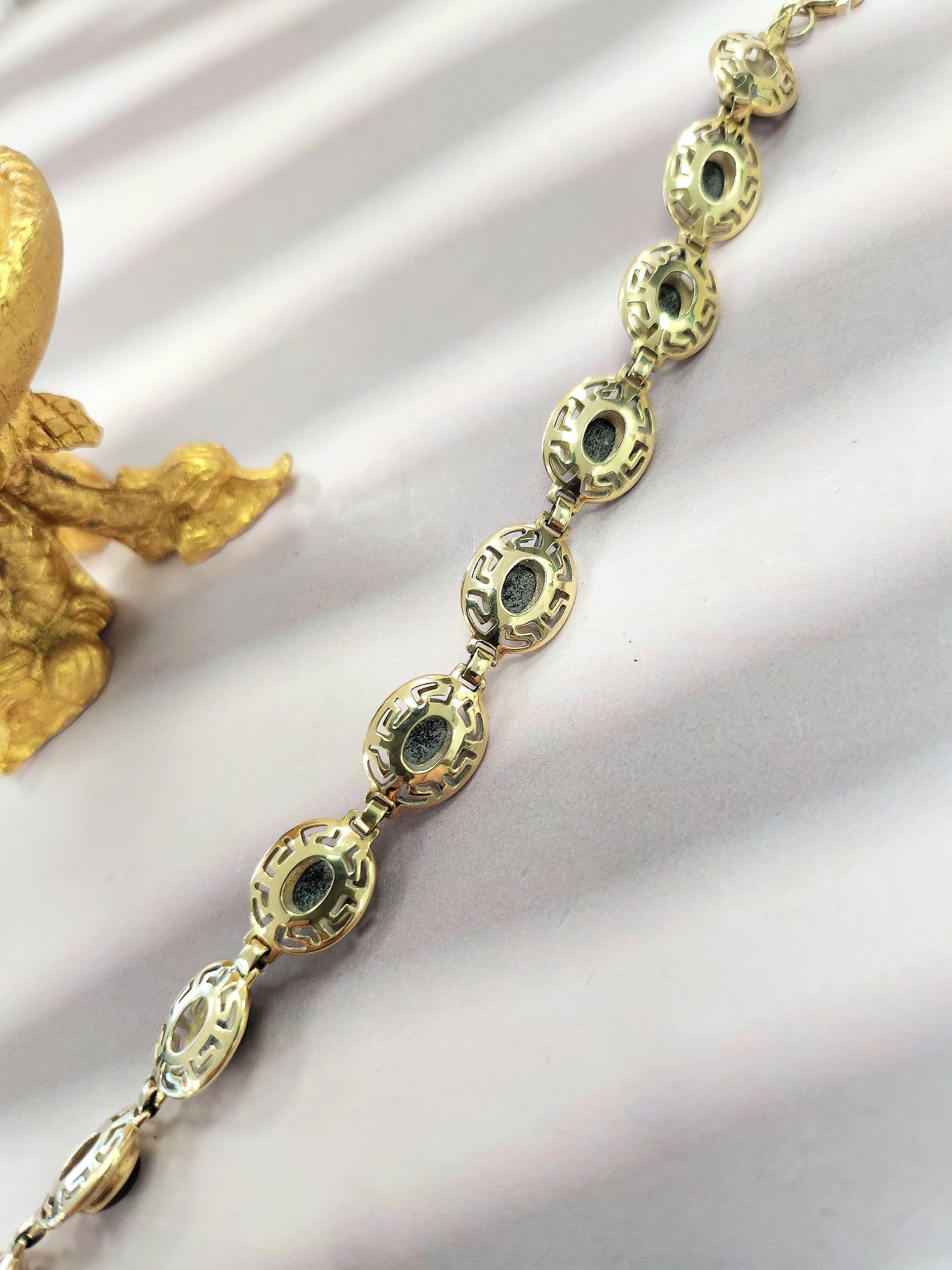 14K Gelbgold Onyx Griechisches Muster Lünette Set Kette A Link Bracelet im Zustand „Gut“ im Angebot in Los Angeles, CA
