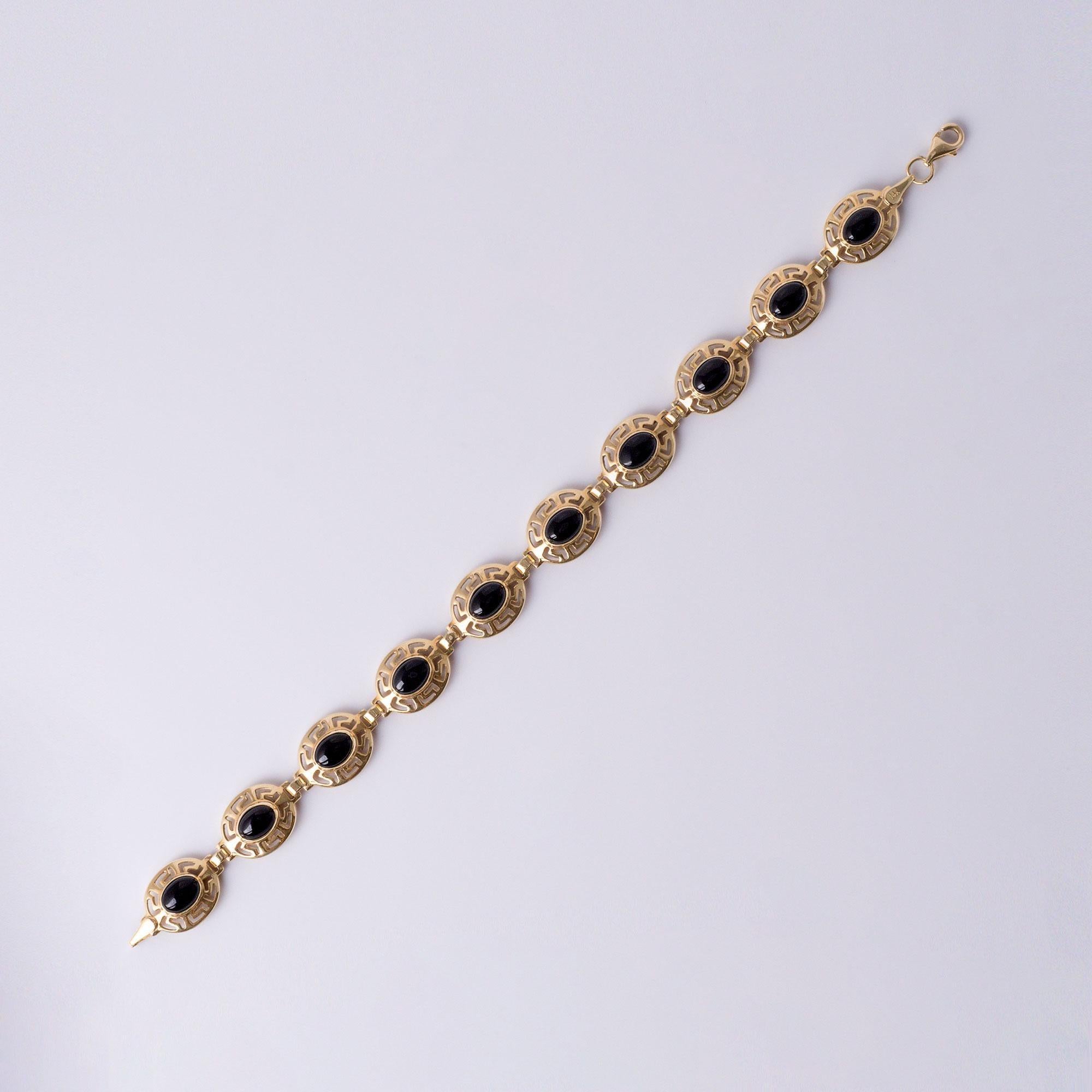 14K Gelbgold Onyx Griechisches Muster Lünette Set Kette A Link Bracelet im Angebot 2