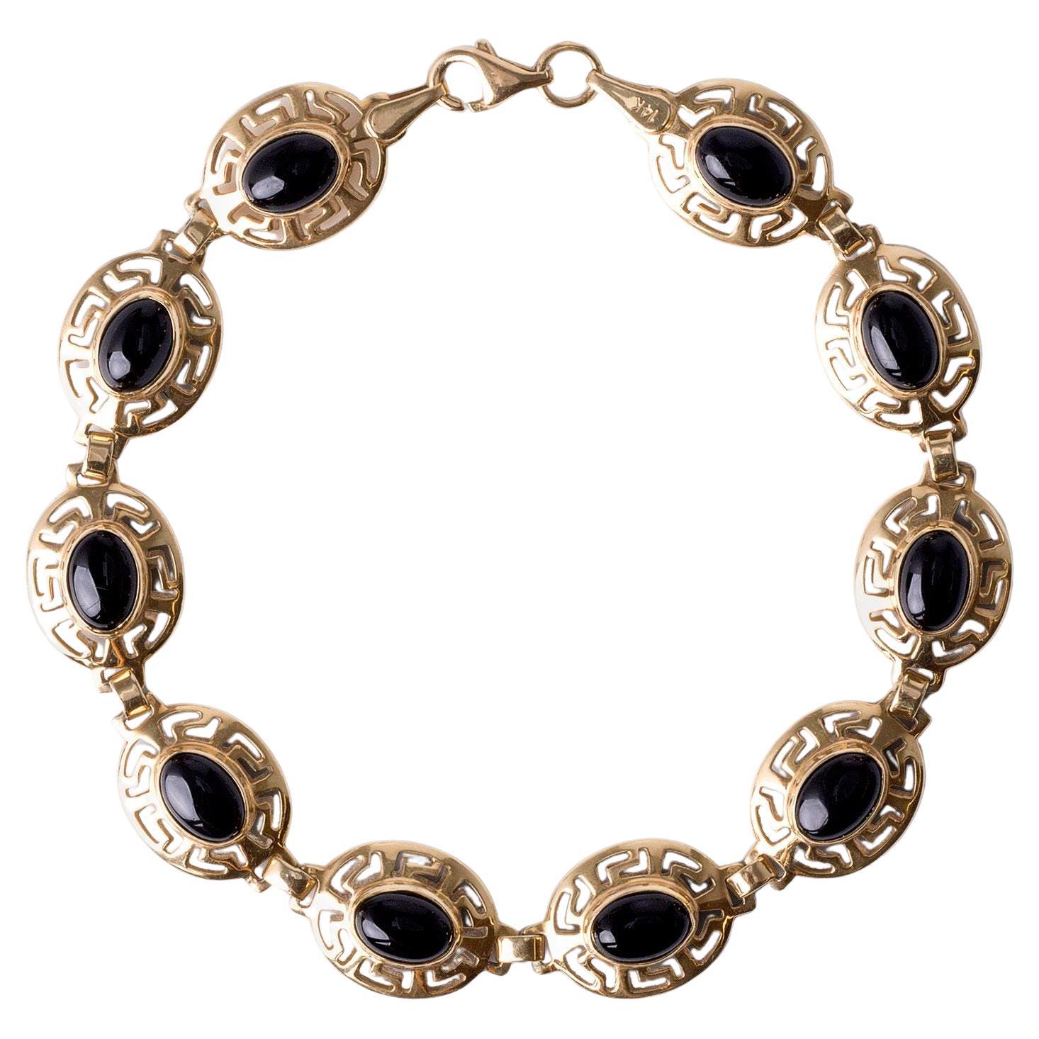 14K Gelbgold Onyx Griechisches Muster Lünette Set Kette A Link Bracelet im Angebot
