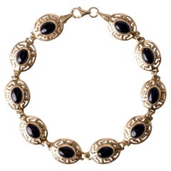 14K Gelbgold Onyx Griechisches Muster Lünette Set Kette A Link Bracelet