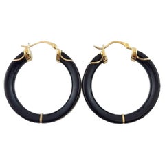 Vintage 14K Yellow Gold Onyx Hoop Earrings #14951