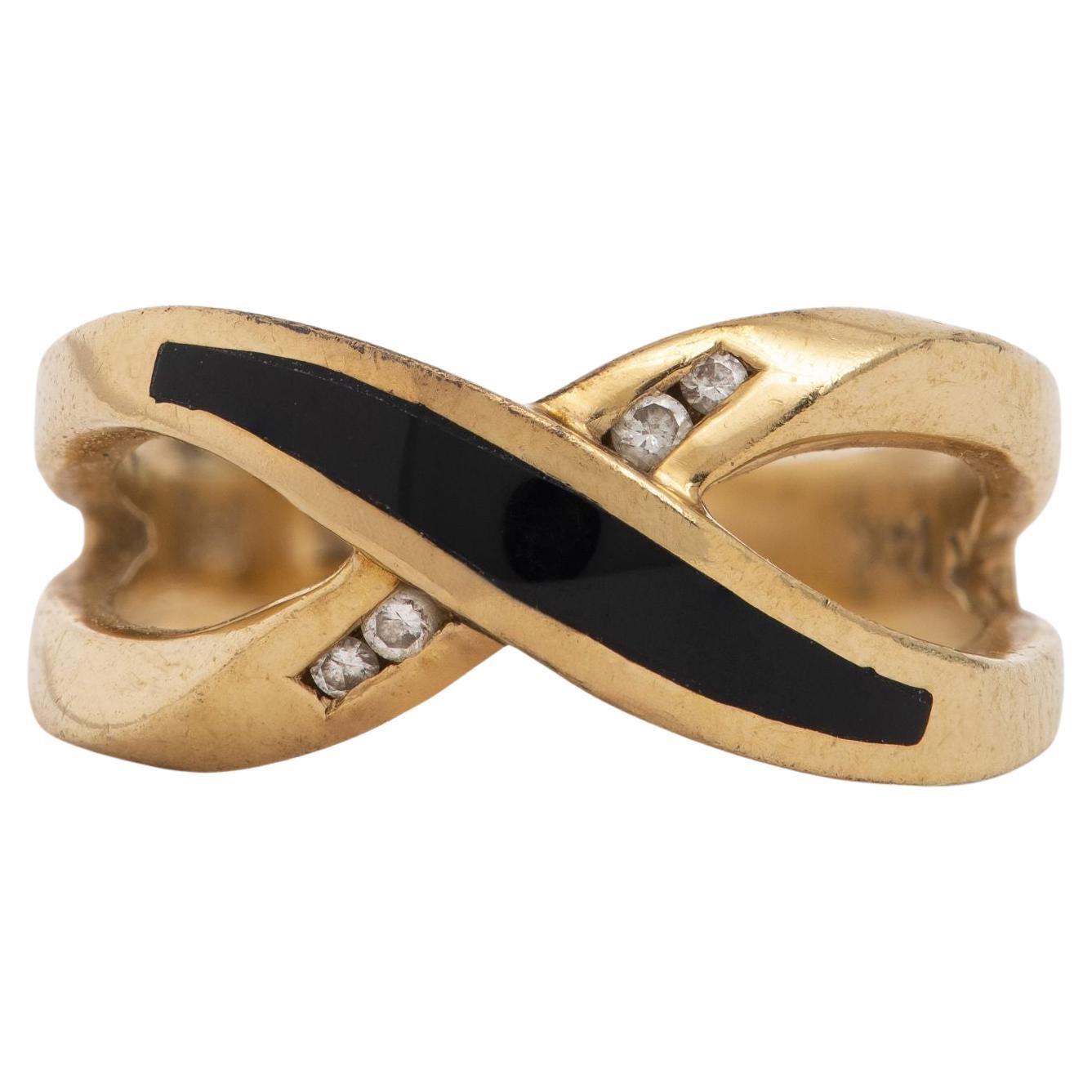 14K Yellow Gold Onyx Inlay Diamond X Ring, Modernist, 20th Century