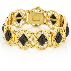 14 Karat Yellow Gold Onyx Link Openwork Bracelet