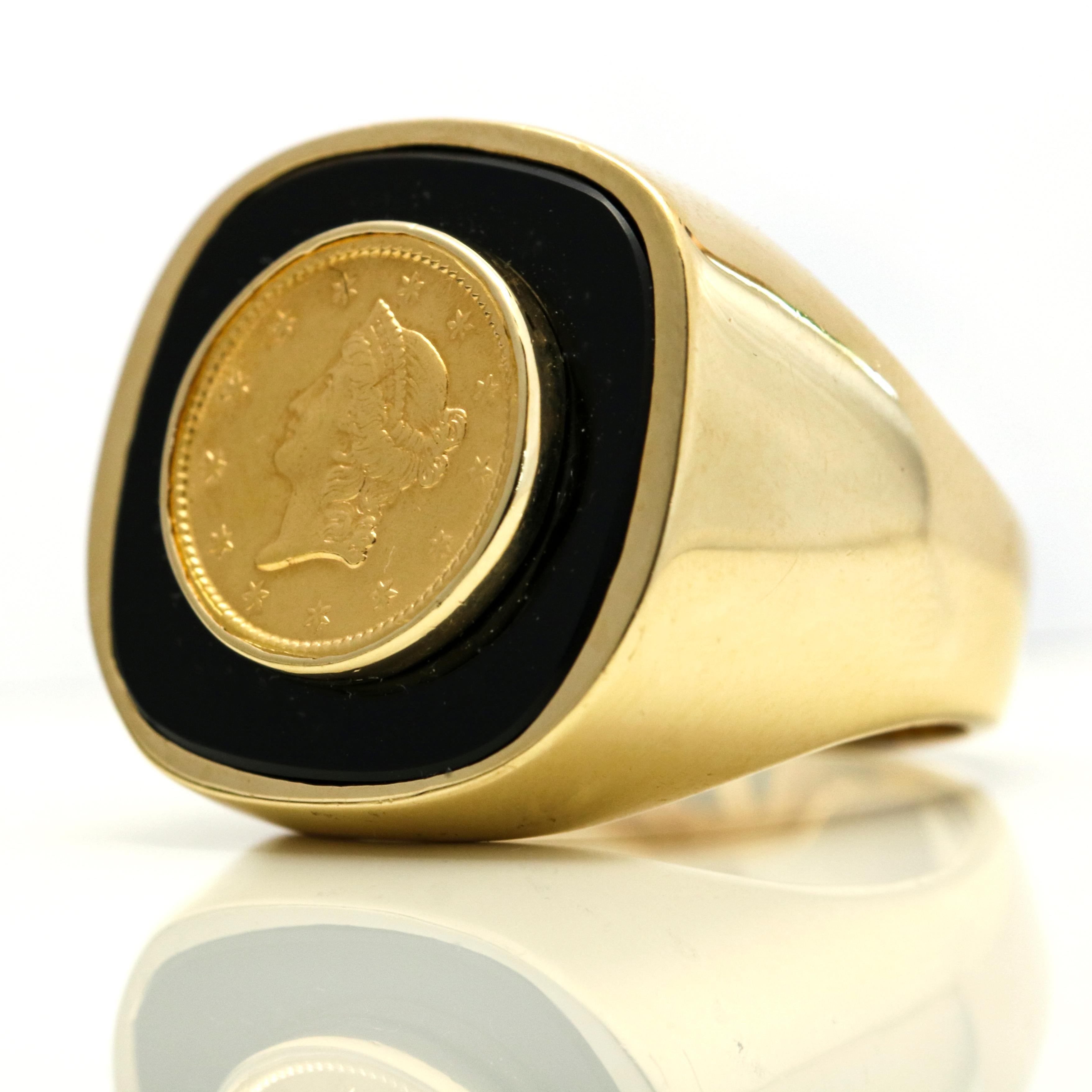 14 Karat Yellow Gold Onyx Men's Coin Signet Ring 2