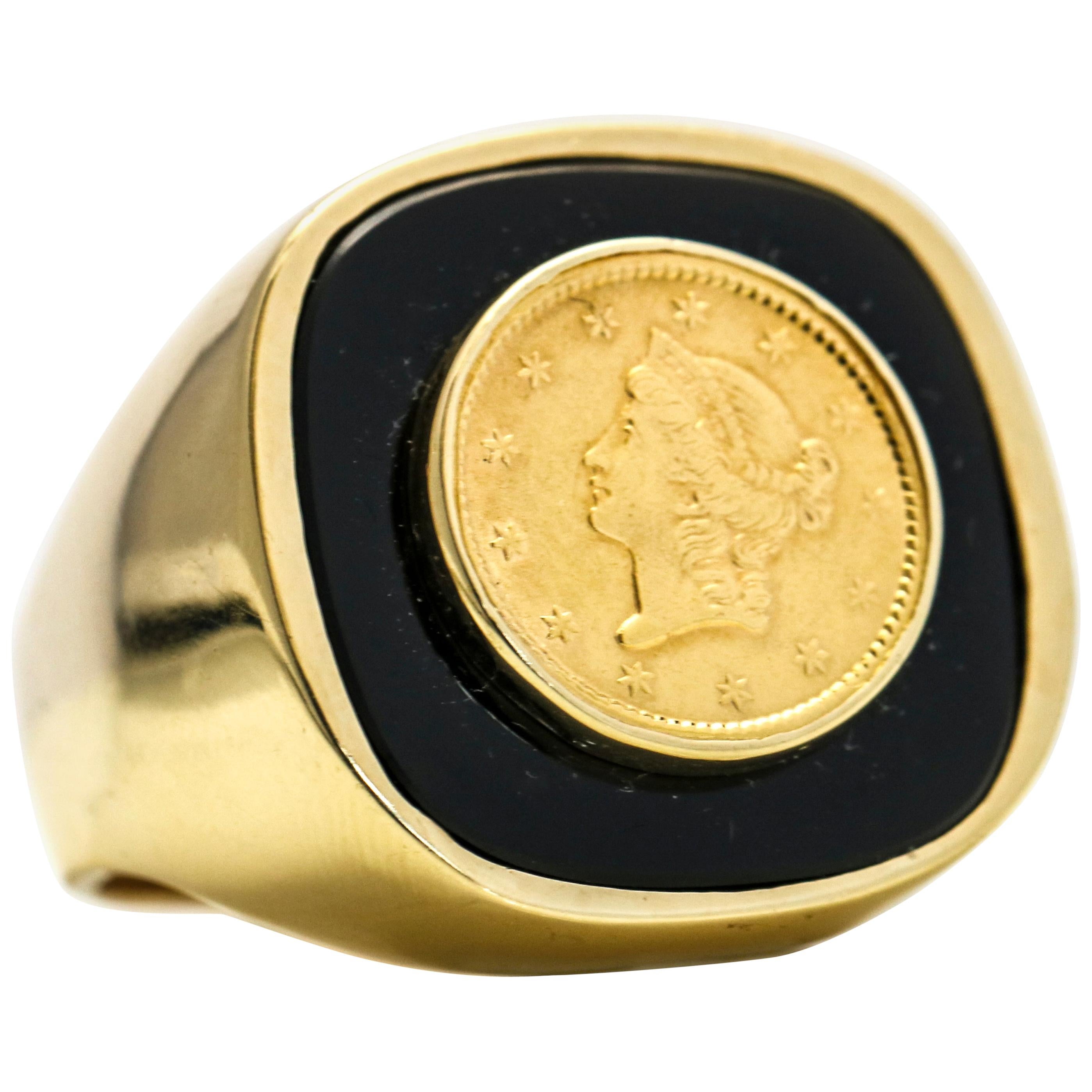 14 Karat Yellow Gold Onyx Men's Coin Signet Ring