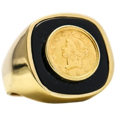 Retro 14 Karat Yellow Gold Onyx Men's Coin Signet Ring