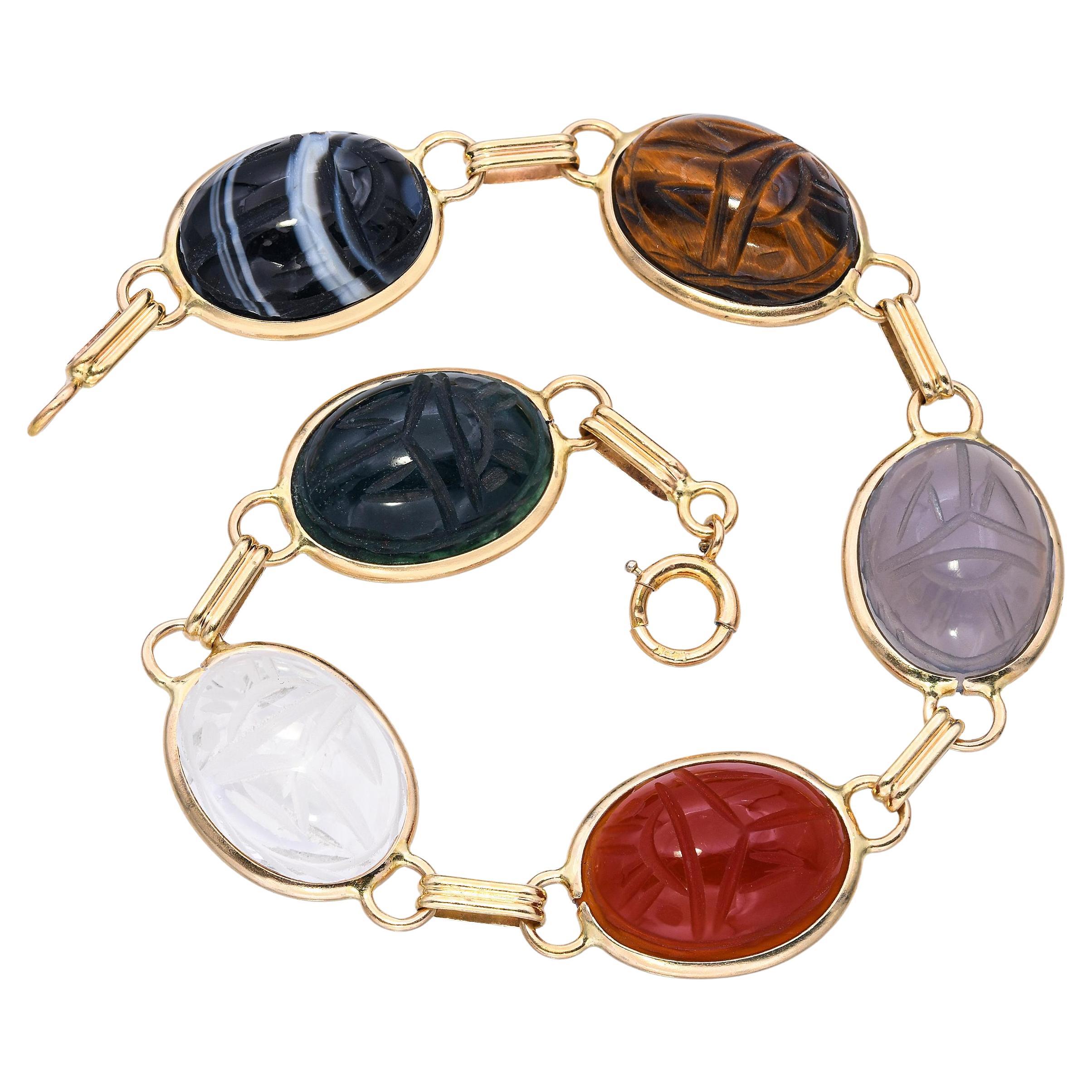 14k Yellow Gold Onyx Tigers Eye Chalcedony and Rock Crystal Scarab Bracelet