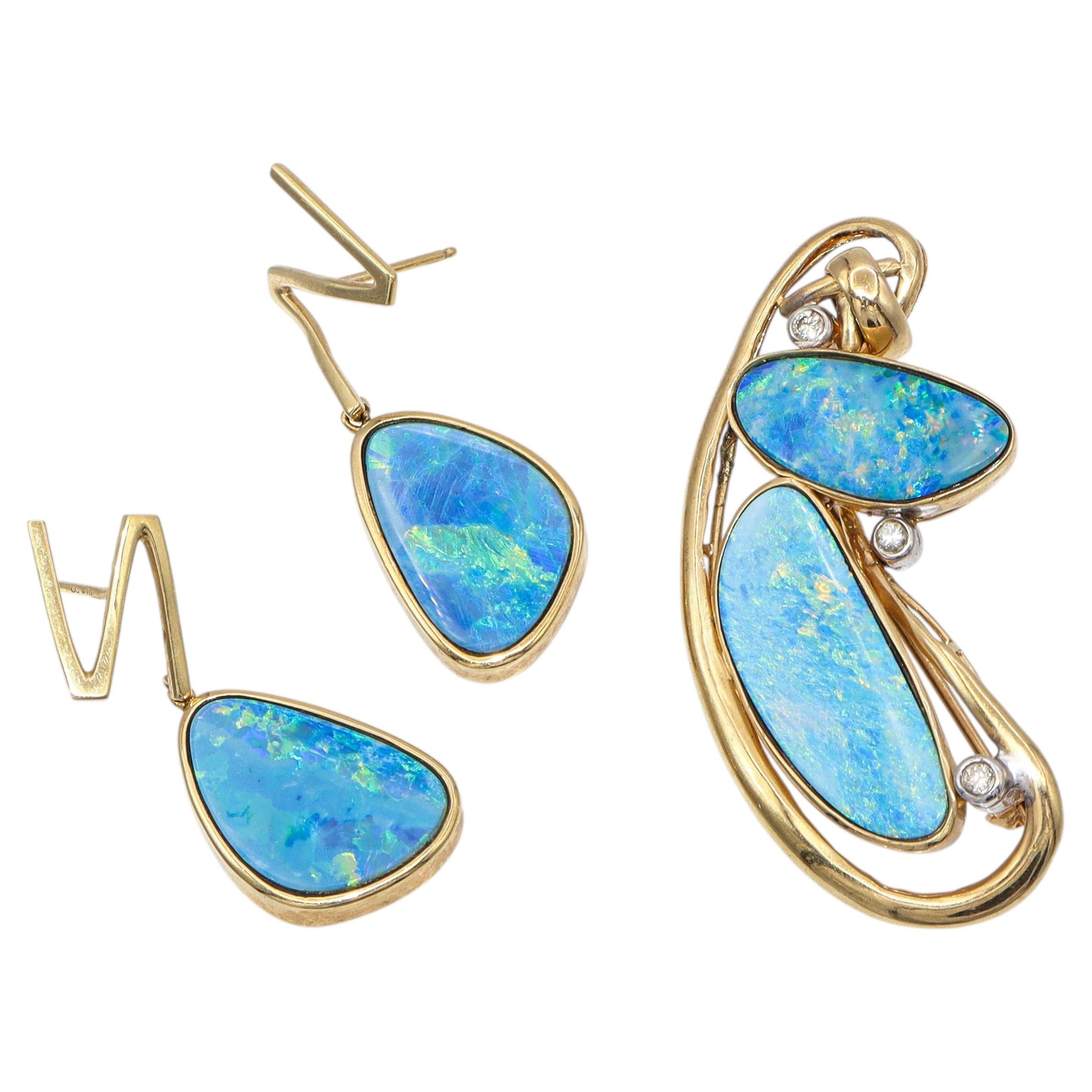 14k Yellow Gold Opal and Diamond Freeform Earring and Pendant Set For Sale