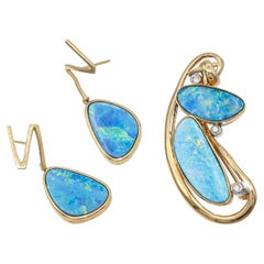 14k Yellow Gold Opal and Diamond Freeform Earring and Pendant Set