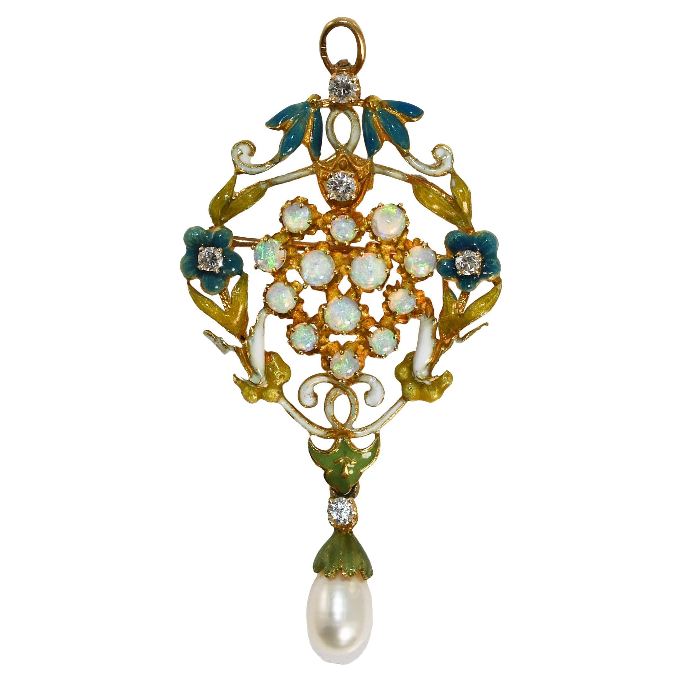Pendentif en or jaune 14 carats avec opale et diamants 8 g