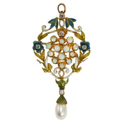 14K Yellow Gold Opal and Diamond Pendant 8g