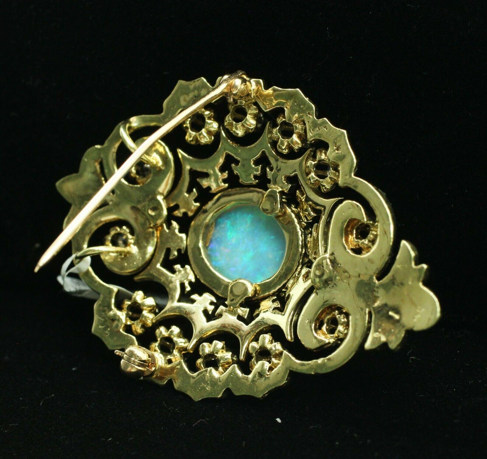 Artisan 14 Karat Yellow Gold Opal and Diamond Pin-Pendant For Sale