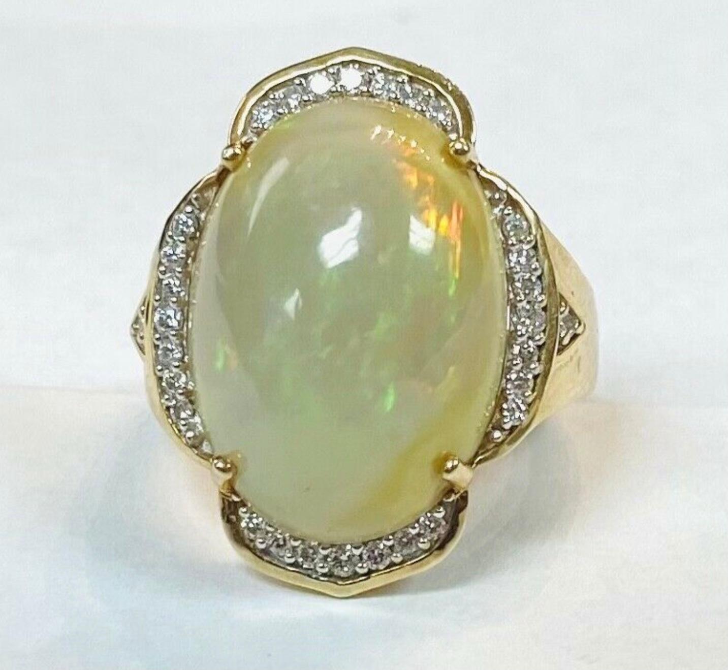 Oval Cut 14K Yellow Gold Opal and Diamond Ring For Sale