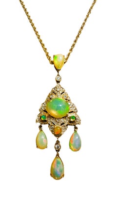 14k Yellow Gold Opal and Diamond Statement Necklace 18" with Appraisal
