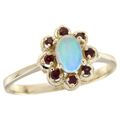 14K Yellow Gold Opal and Garnet Vintage Style Floral Halo Ring