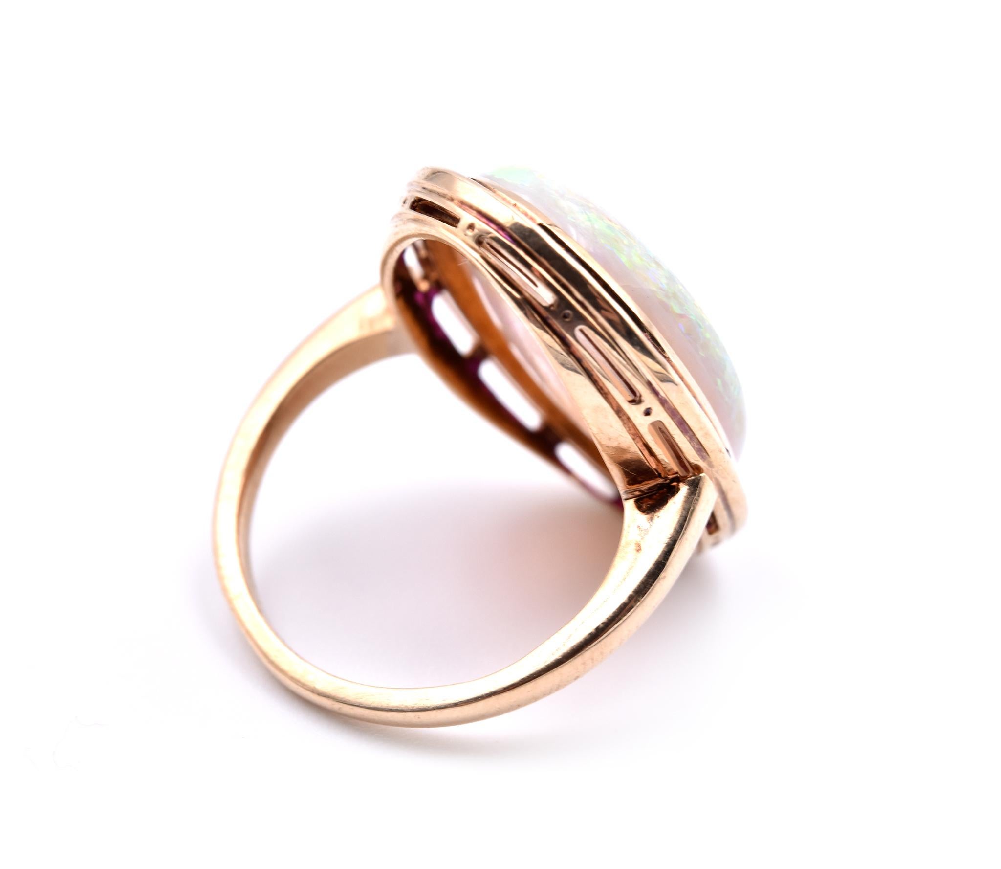 Women's or Men's 14 Karat Yellow Gold Opal and Ruby Ring