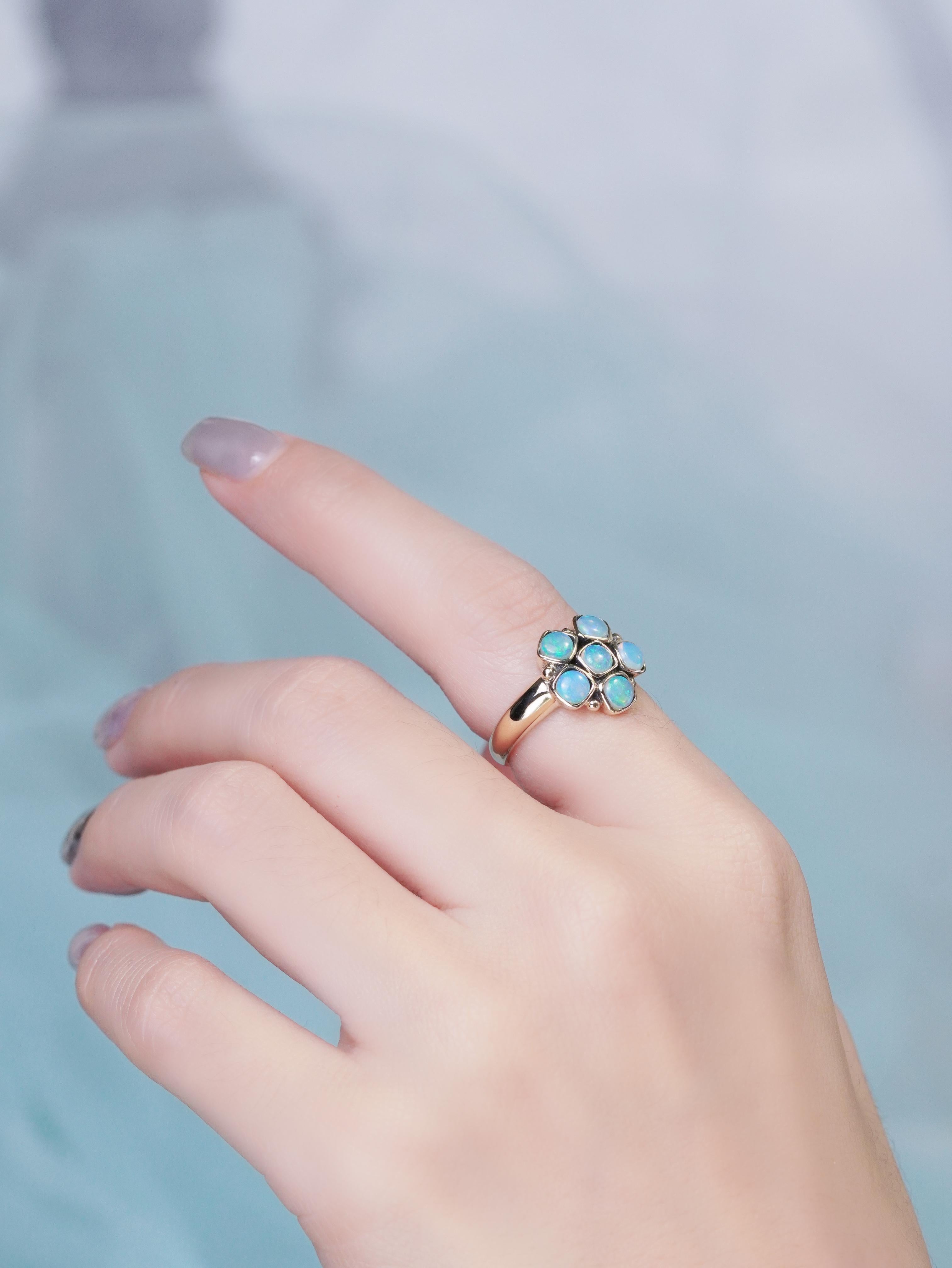 Edwardian 14K Yellow Gold Opal Cluster Vintage Style Floral Ring For Sale