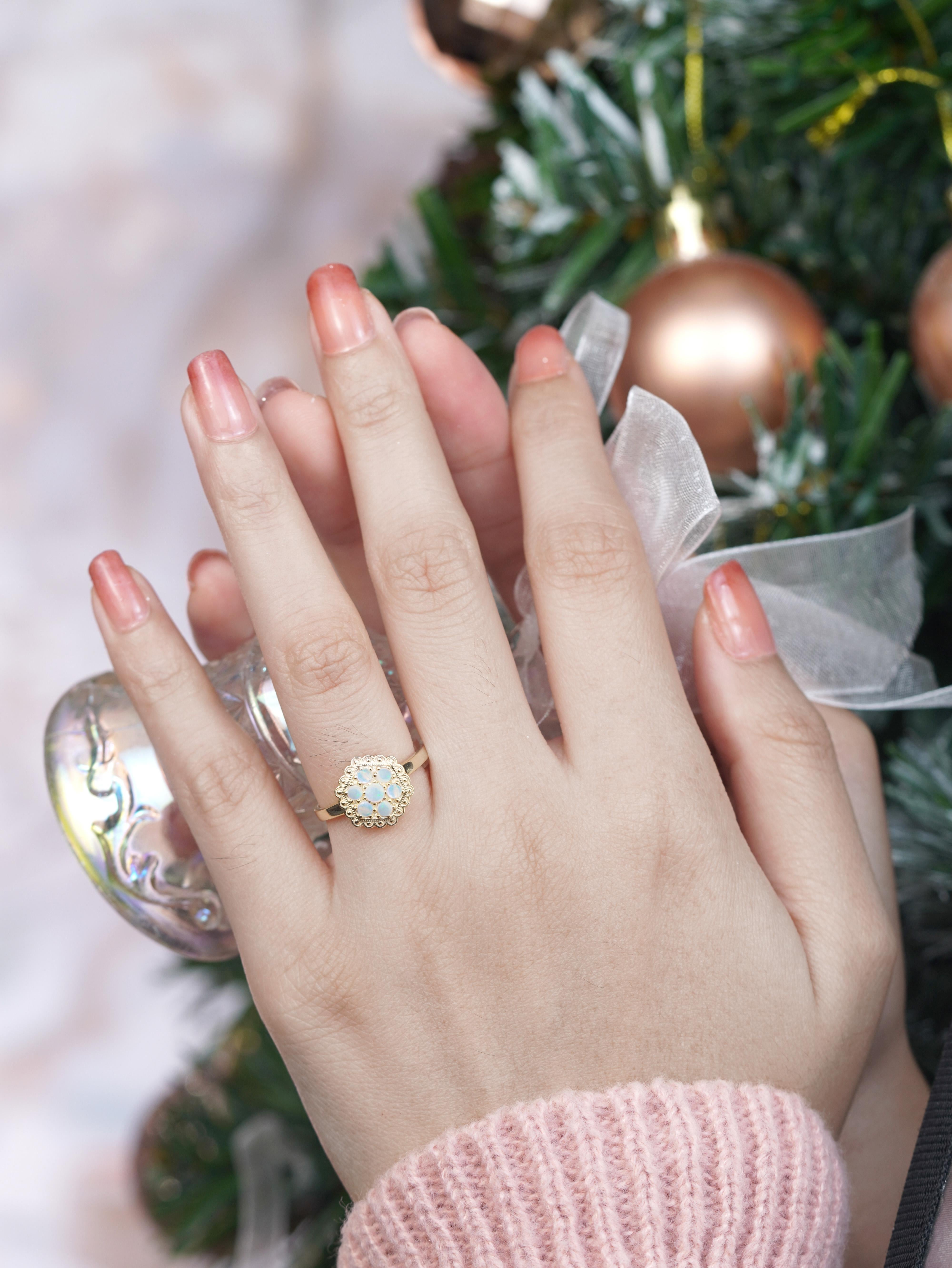 14K Yellow Gold Opal Cluster Vintage Style Hexagon Shape Ring For Sale 4