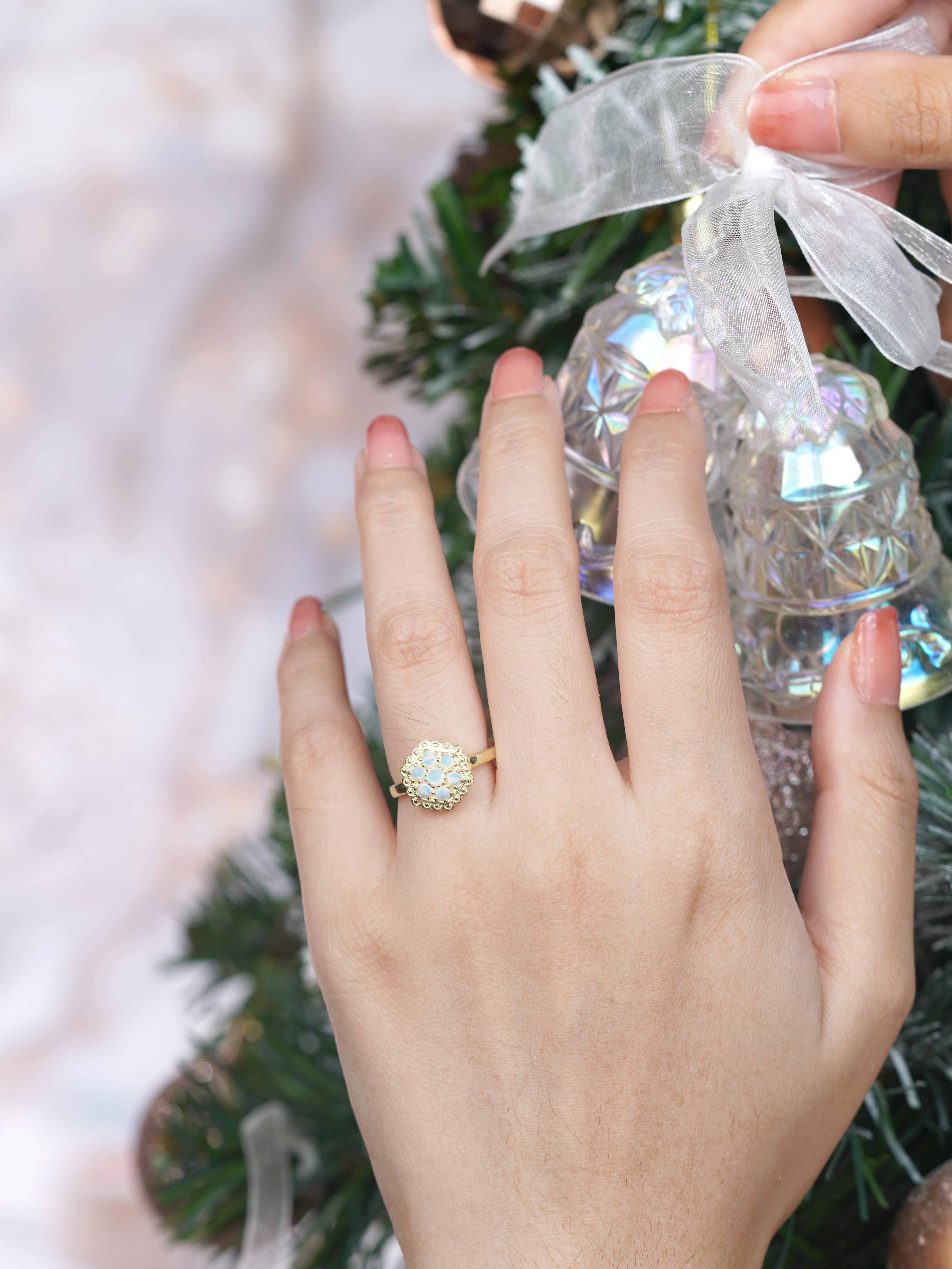 14K Yellow Gold Opal Cluster Vintage Style Hexagon Shape Ring For Sale 5