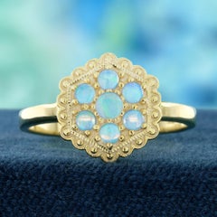 14K Yellow Gold Opal Cluster Vintage Style Hexagon Shape Ring