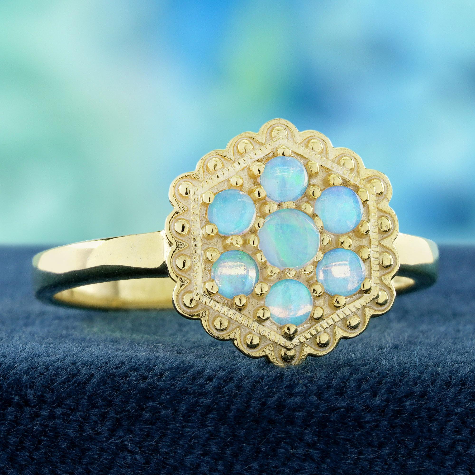 Edwardian 14K Yellow Gold Opal Cluster Vintage Style Hexagon Shape Ring For Sale