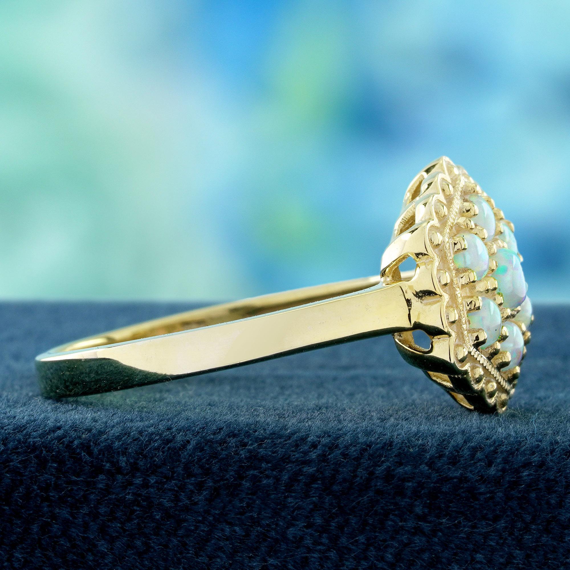 Round Cut 14K Yellow Gold Opal Cluster Vintage Style Hexagon Shape Ring For Sale