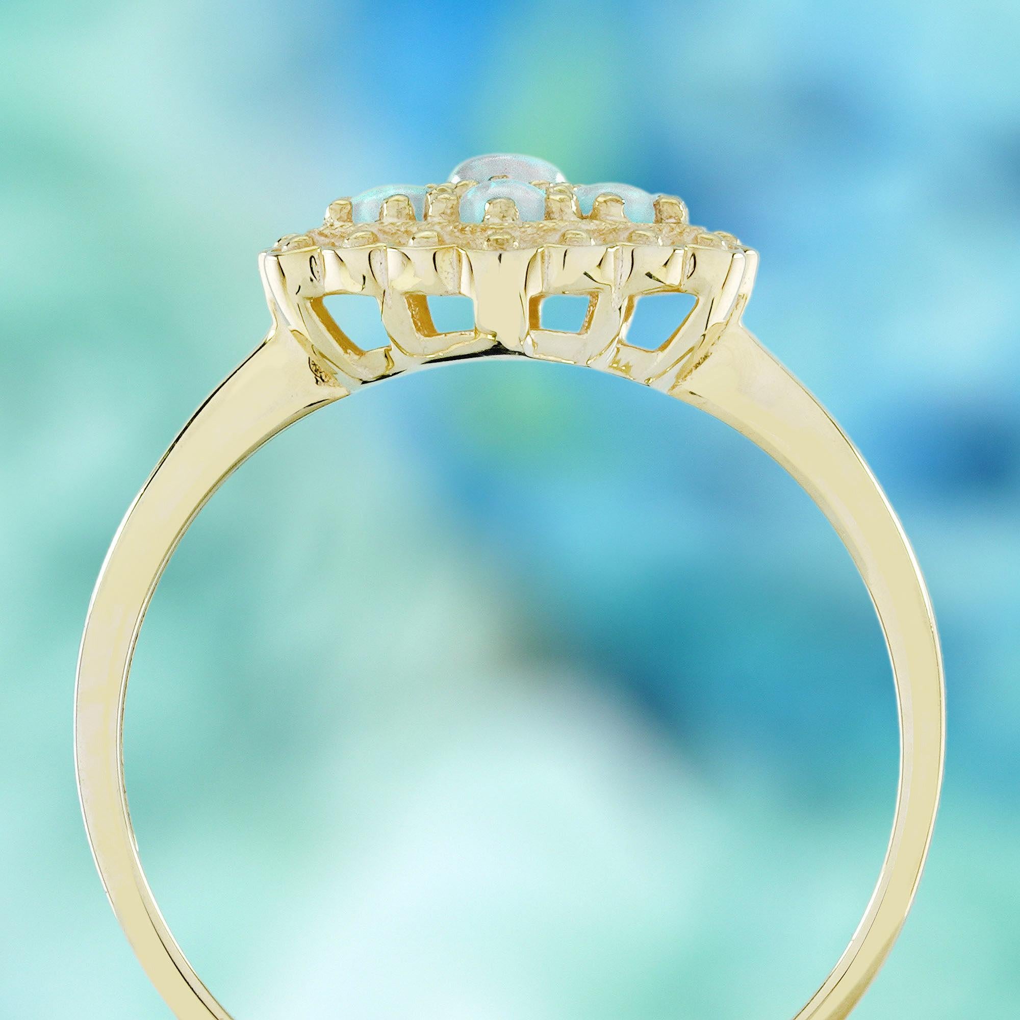 14K Yellow Gold Opal Cluster Vintage Style Hexagon Shape Ring In New Condition For Sale In Bangkok, TH