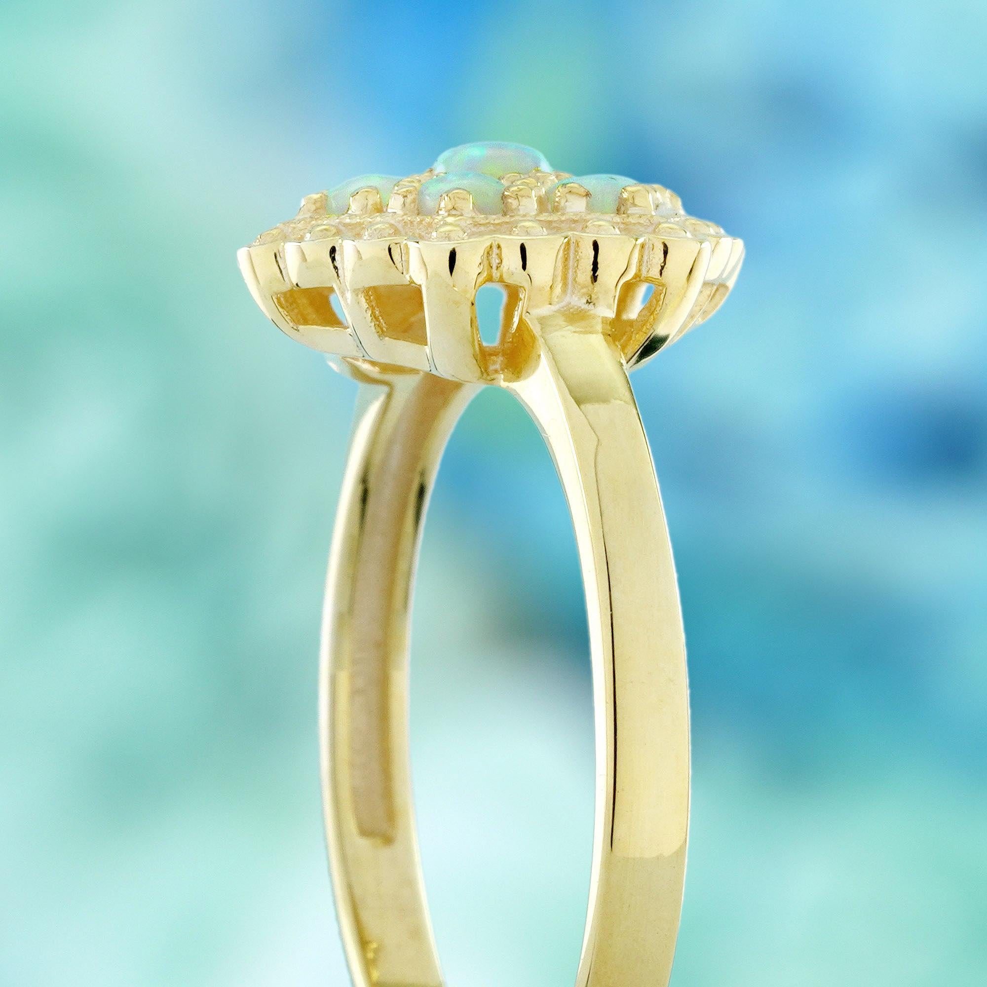 Women's 14K Yellow Gold Opal Cluster Vintage Style Hexagon Shape Ring For Sale