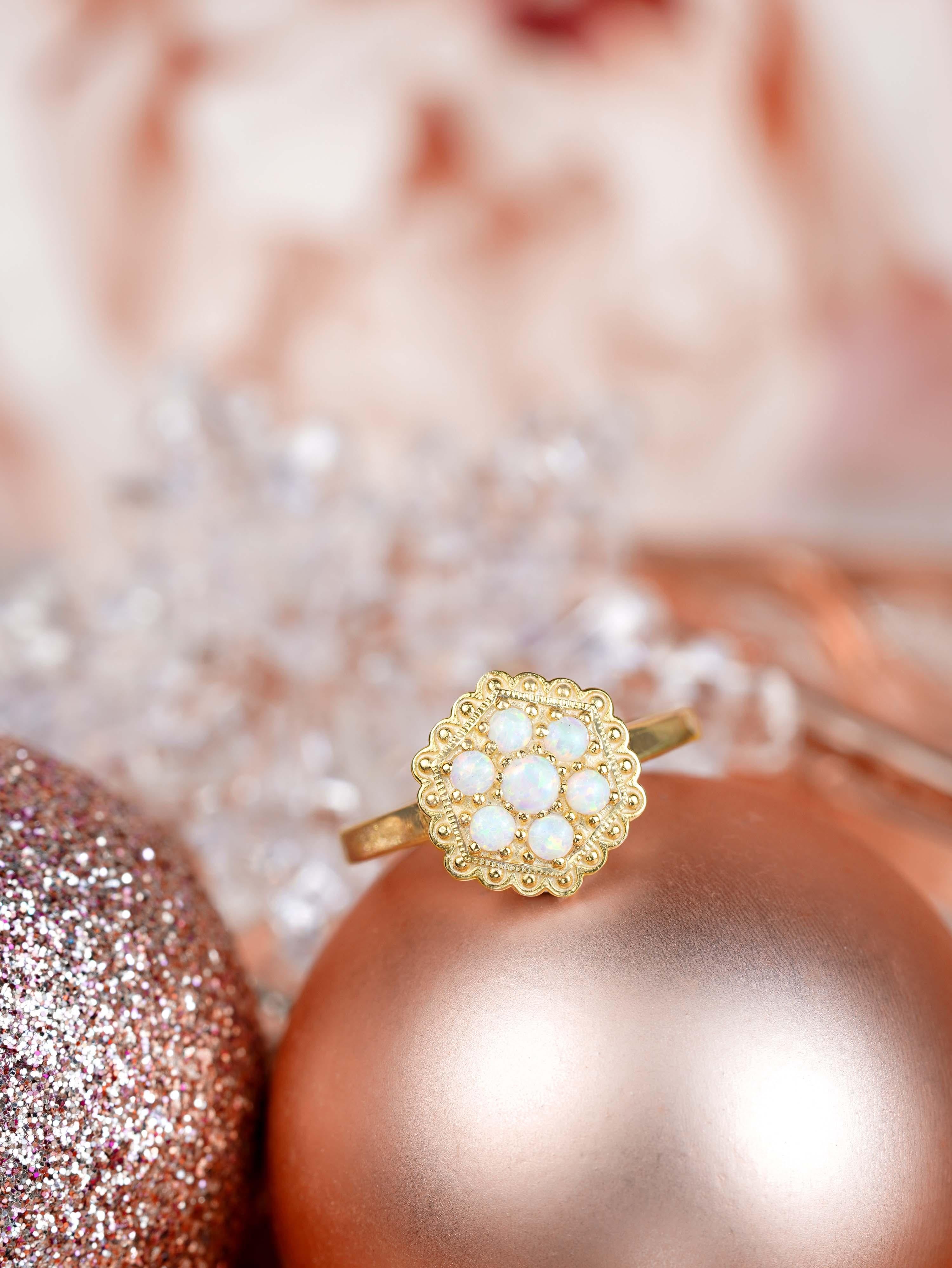 14K Yellow Gold Opal Cluster Vintage Style Hexagon Shape Ring For Sale 1