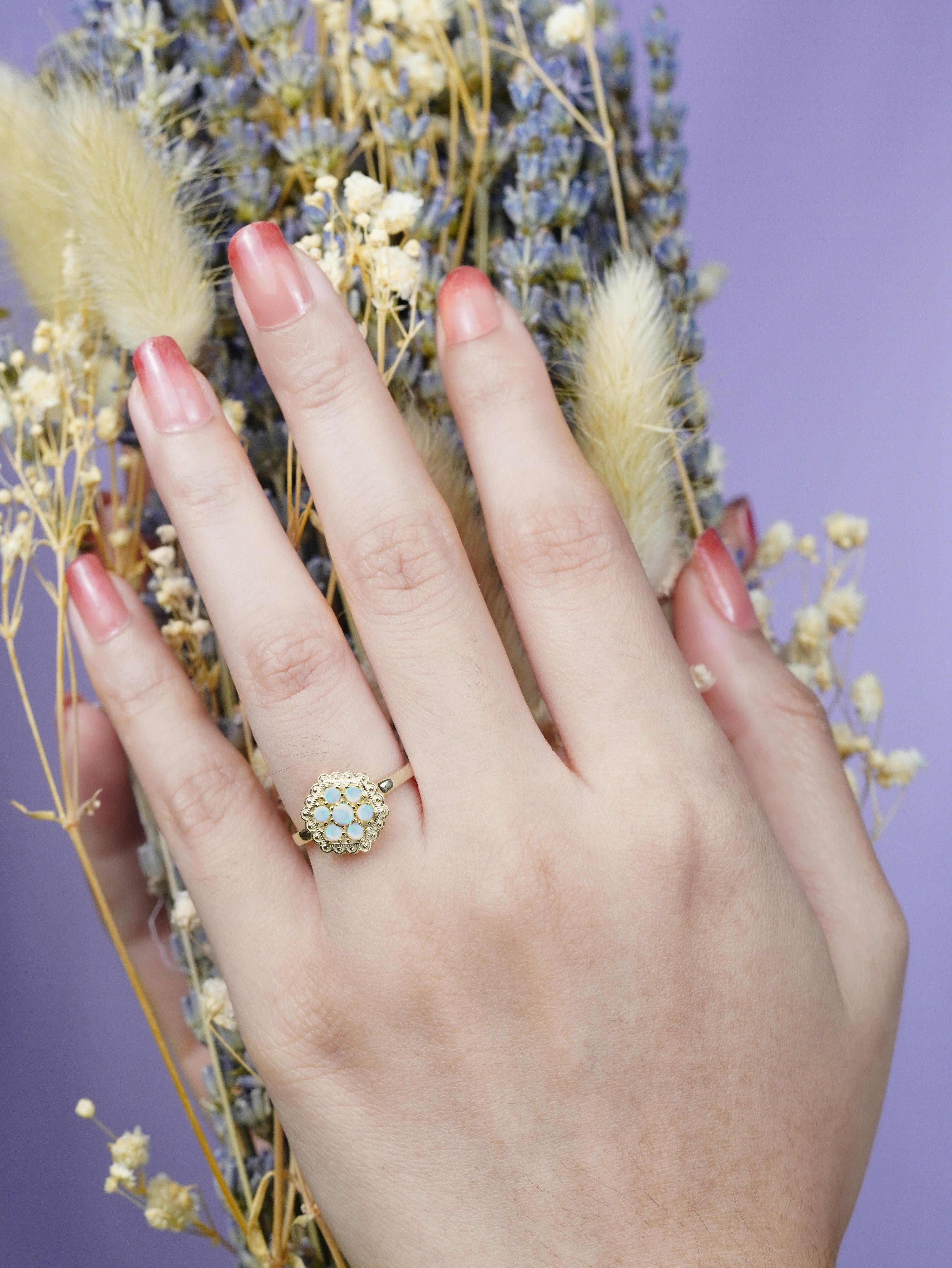 14K Yellow Gold Opal Cluster Vintage Style Hexagon Shape Ring For Sale 2