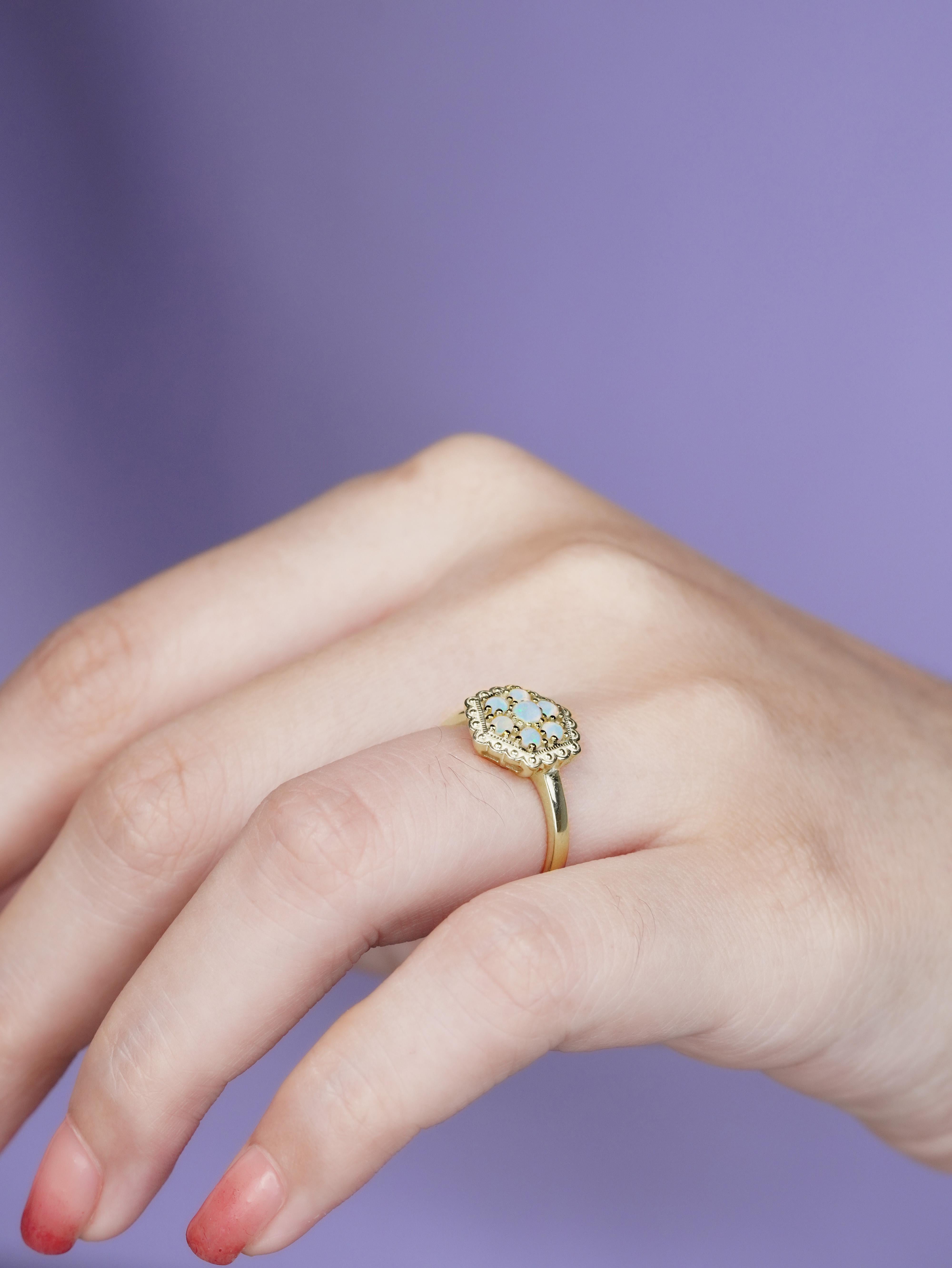14K Yellow Gold Opal Cluster Vintage Style Hexagon Shape Ring For Sale 3
