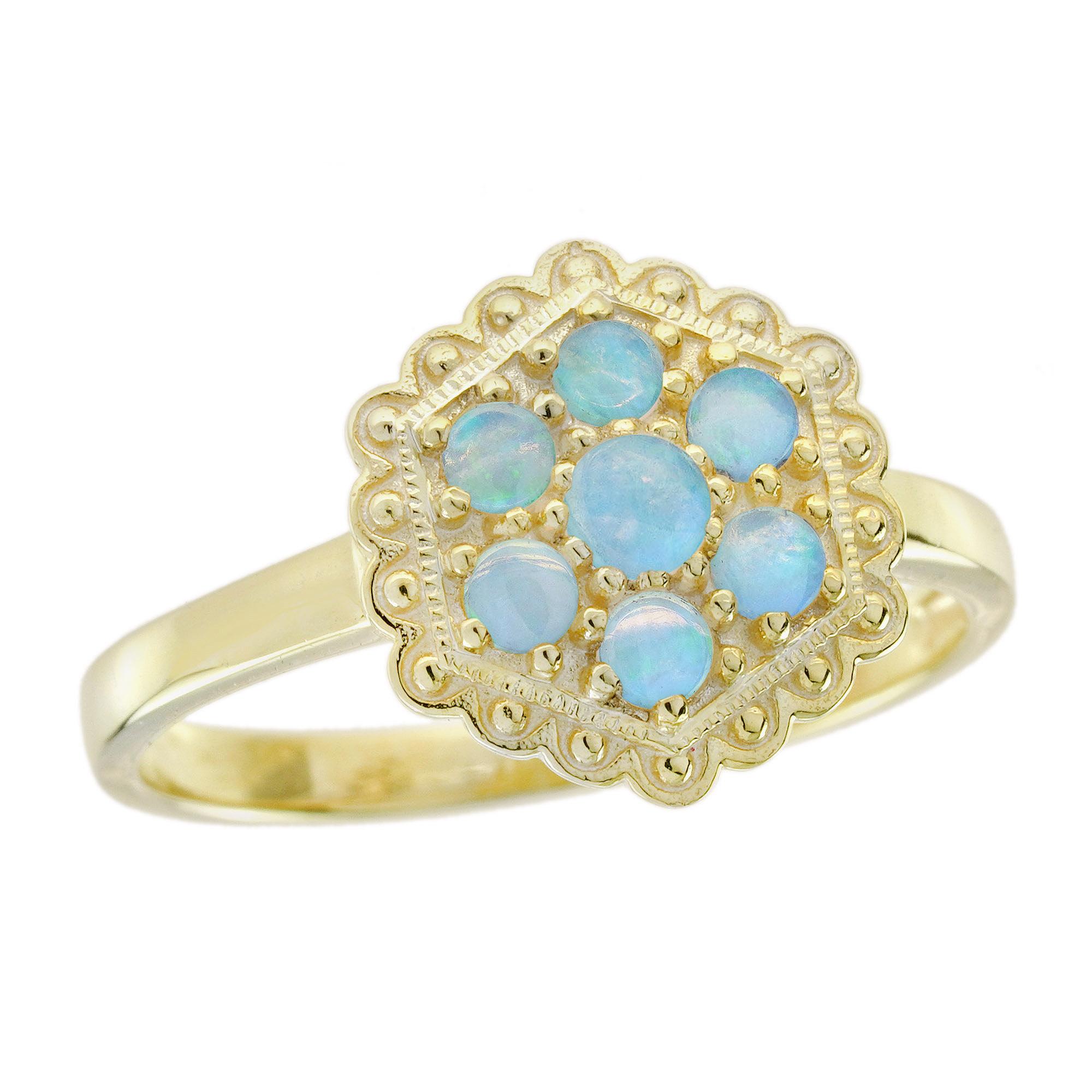14K Yellow Gold Opal Cluster Vintage Style Hexagon Shape Ring