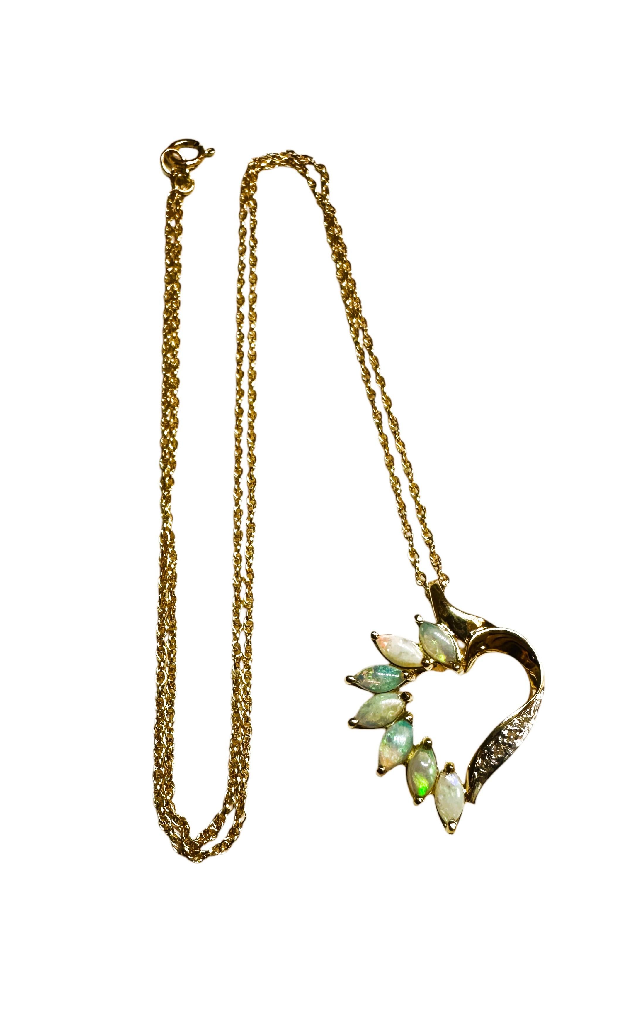 14K Yellow Gold Opal & Diamond Heart Pendant & 14k Necklace Chain - Makers Marks For Sale 4