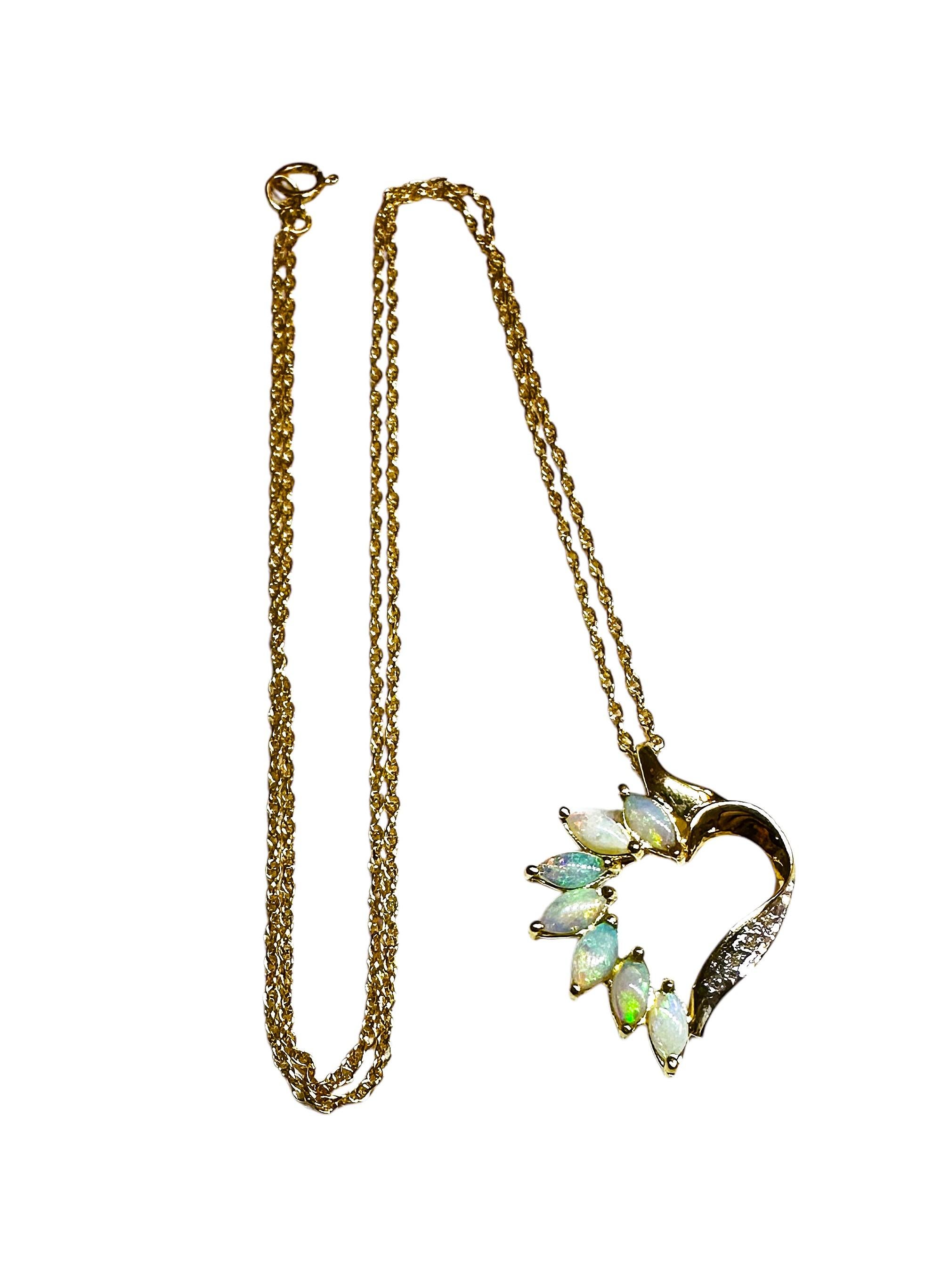 14K Yellow Gold Opal & Diamond Heart Pendant & 14k Necklace Chain - Makers Marks For Sale 5