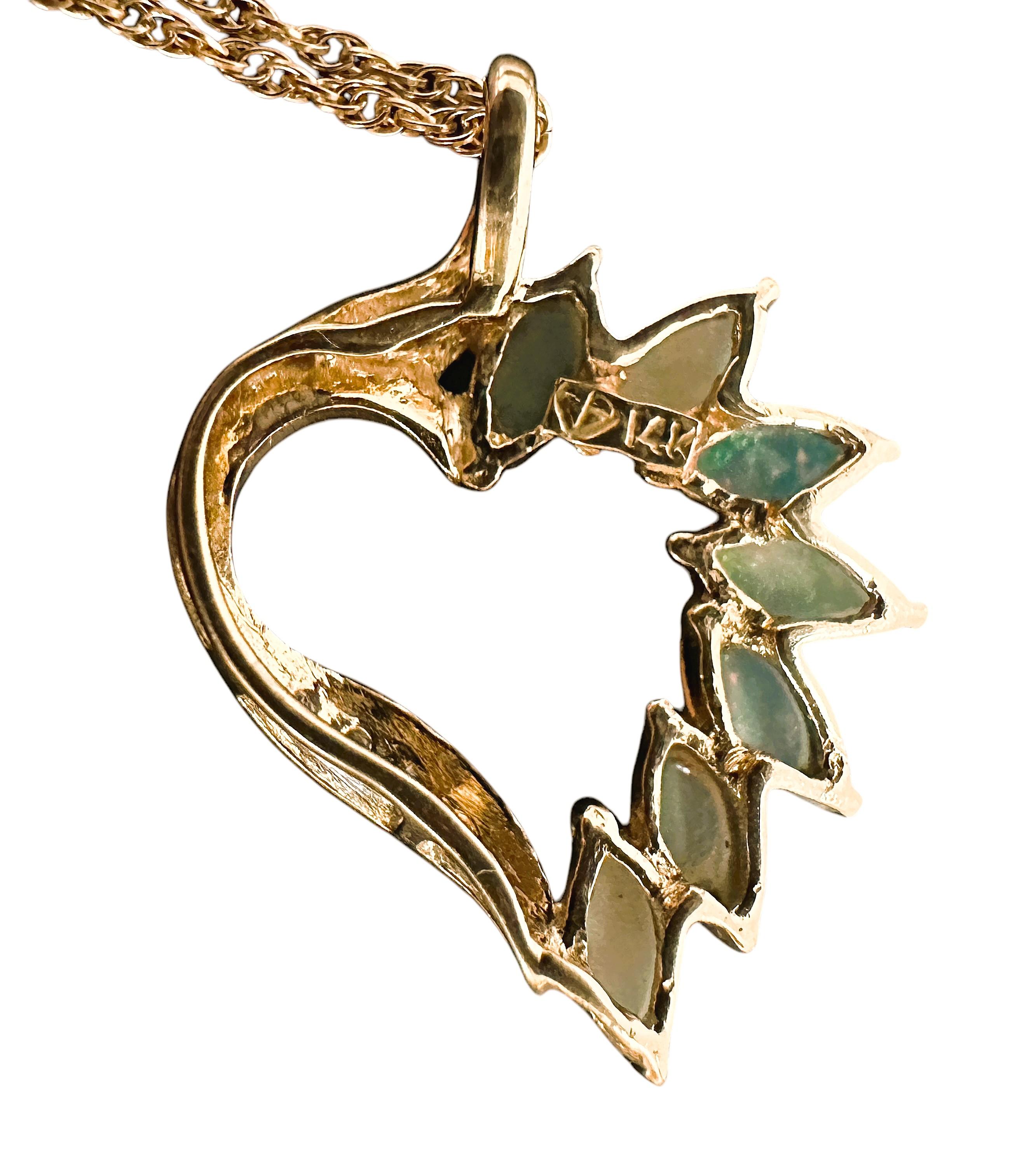 14K Yellow Gold Opal & Diamond Heart Pendant & 14k Necklace Chain - Makers Marks For Sale 6
