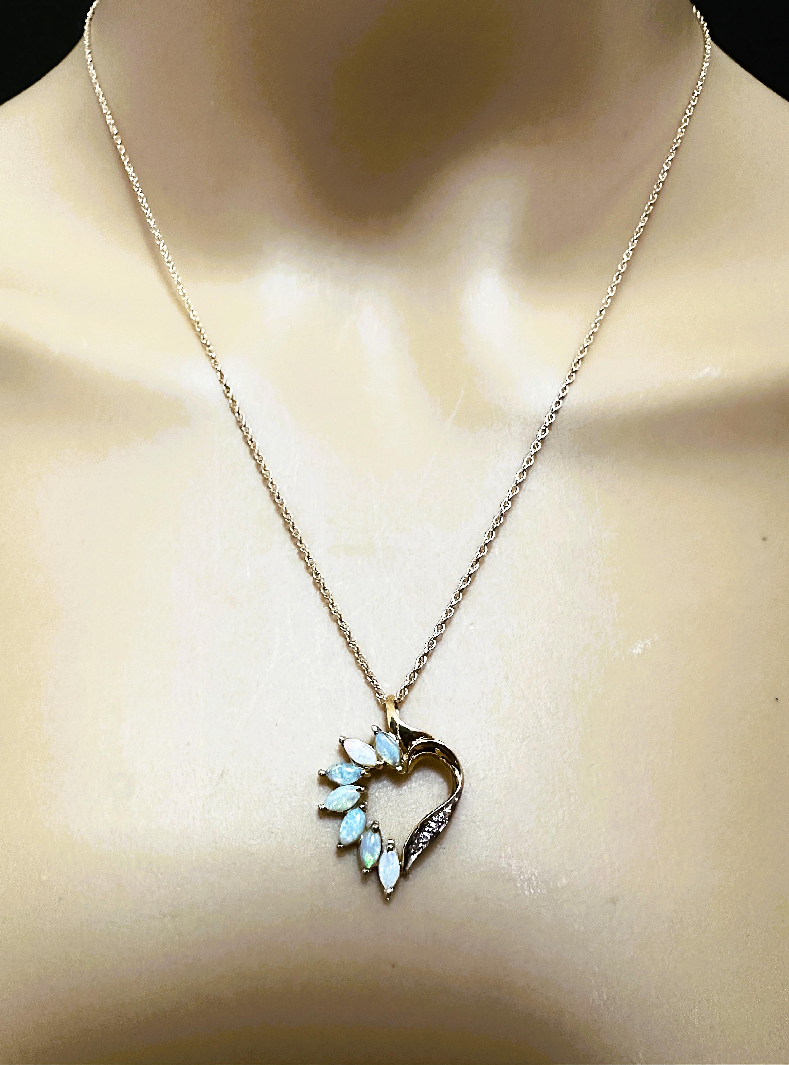 Art Deco 14K Yellow Gold Opal & Diamond Heart Pendant & 14k Necklace Chain - Makers Marks For Sale