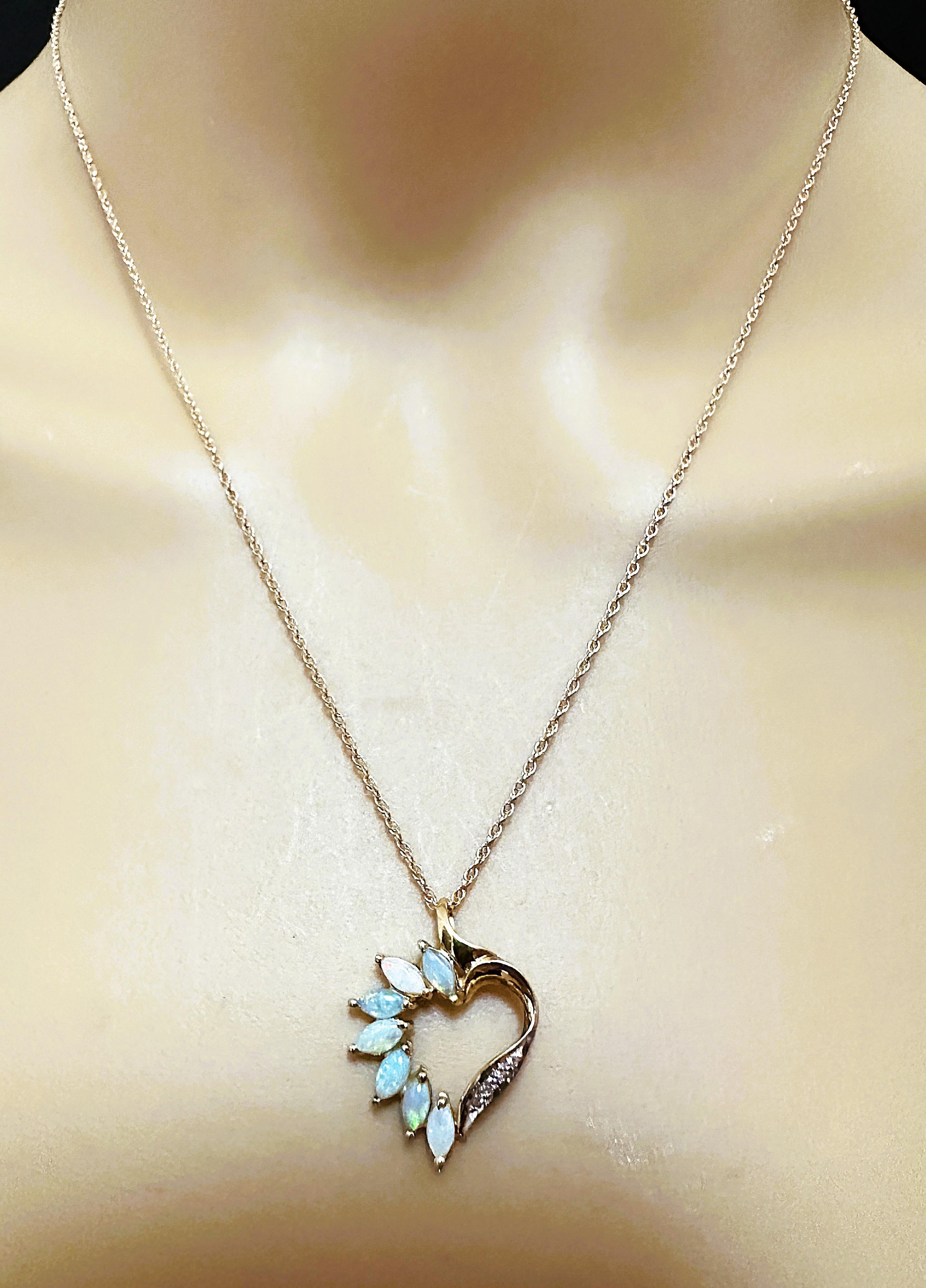 Marquise Cut 14K Yellow Gold Opal & Diamond Heart Pendant & 14k Necklace Chain - Makers Marks For Sale