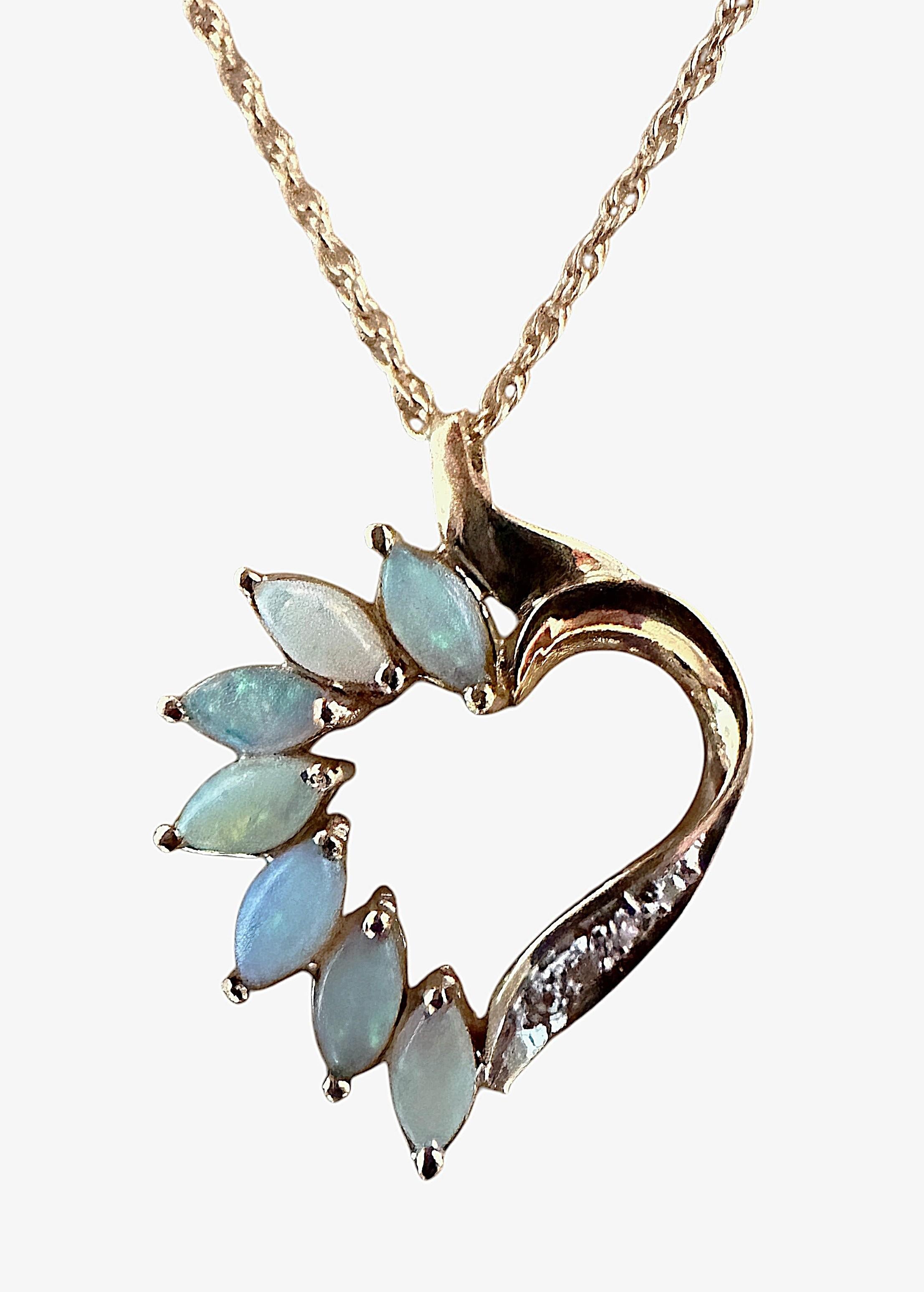 Women's 14K Yellow Gold Opal & Diamond Heart Pendant & 14k Necklace Chain - Makers Marks For Sale