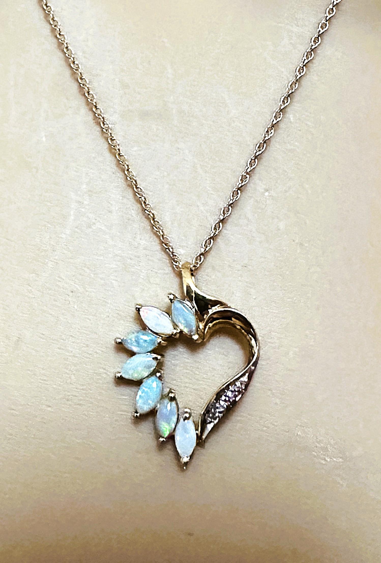14K Yellow Gold Opal & Diamond Heart Pendant & 14k Necklace Chain - Makers Marks For Sale 1