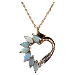 14K Yellow Gold Opal & Diamond Heart Pendant & 14k Necklace Chain - Makers Marks