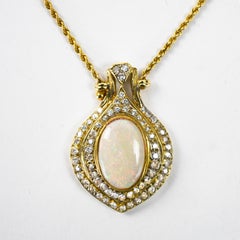 14K Gelbgold Opal & Diamant-Anhänger Halskette 16.7g