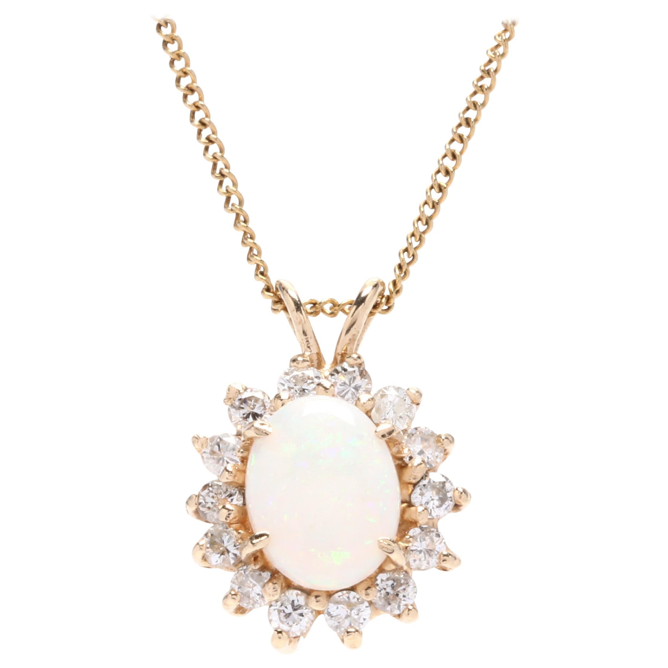 14 Karat Yellow Gold, Opal and Diamond Pendant Necklace